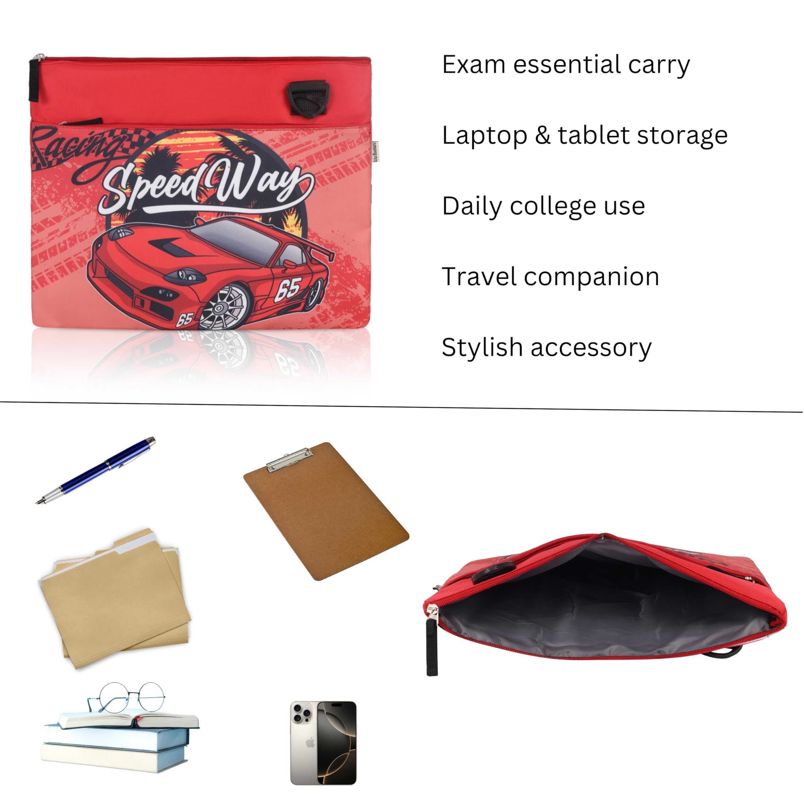 Echo Boomers Racing Car Themed Design Exam & Activity Sling Bag | 3 Compartments | Cushioned & Detachable Strap | Ideal for Outdoor Travel