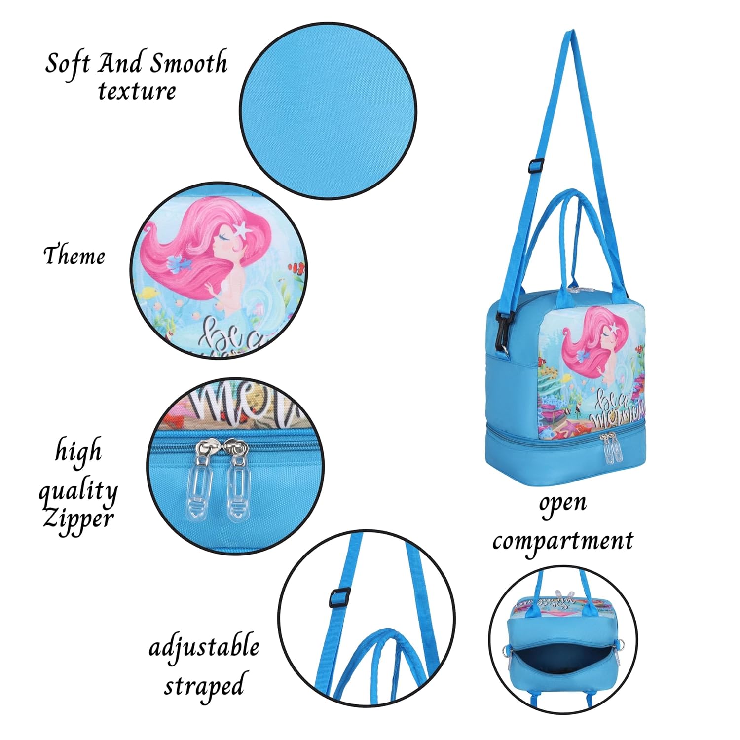 Echo Boomers Double Layer Insulated Tiffin Lunch Bag - Cool Blue Mermaid Print, Multi Pockets & Long Strap