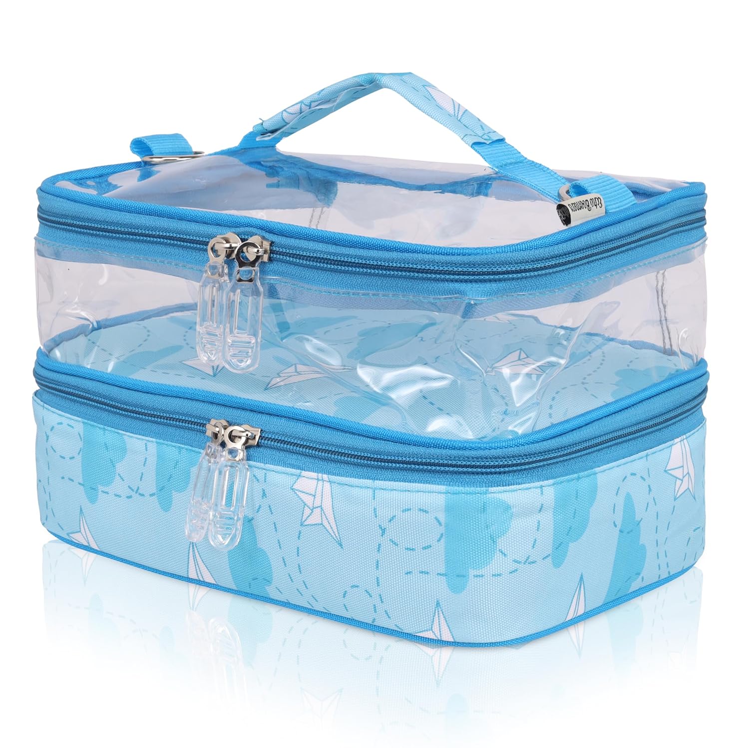 Echo Boomers Plane Printed Small Double-Decker Insulated Lunch Bag with Multi-Zipper Pockets - Sky Blue