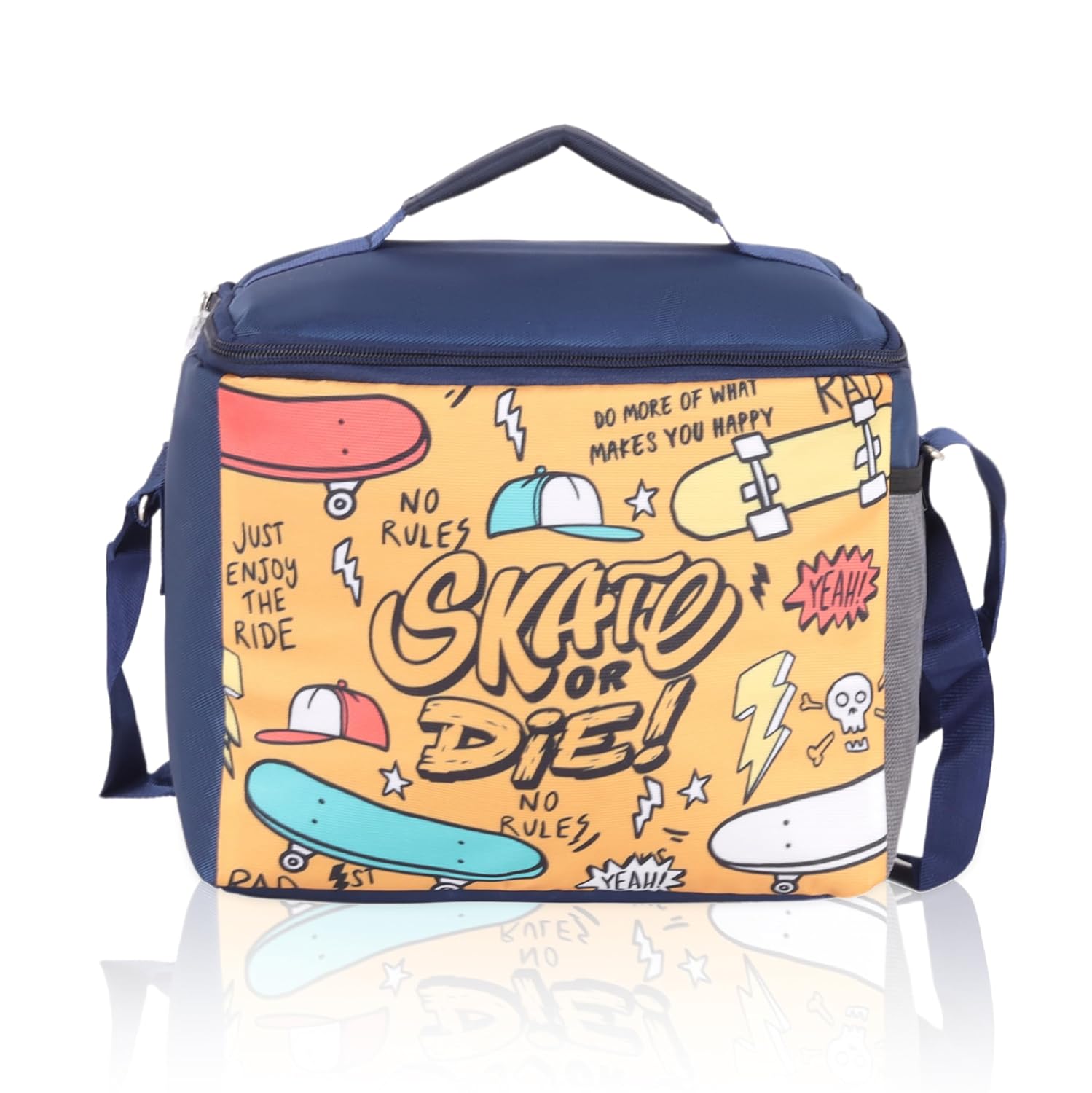 Echo Boomers Skates Printed Insulated Lunch Bag, Tiffin and Food Storage Bag for Work, Students, Office, Picnic, College & School with Bottle Holder & Multiple Zipper Pockets (Blue)