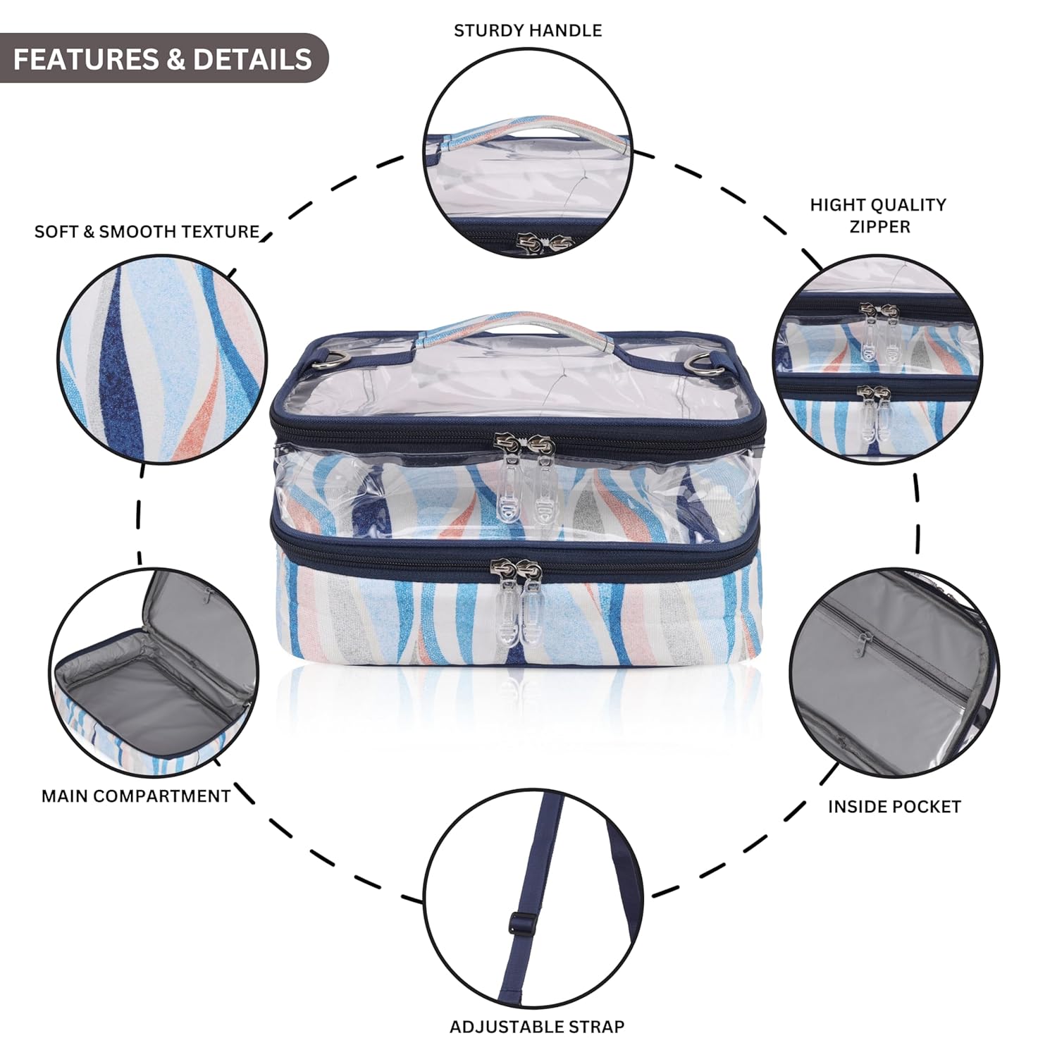 Echo Boomers Stripes Printed Large Double-Decker Insulated Lunch Bag with Multi-Zipper Pockets