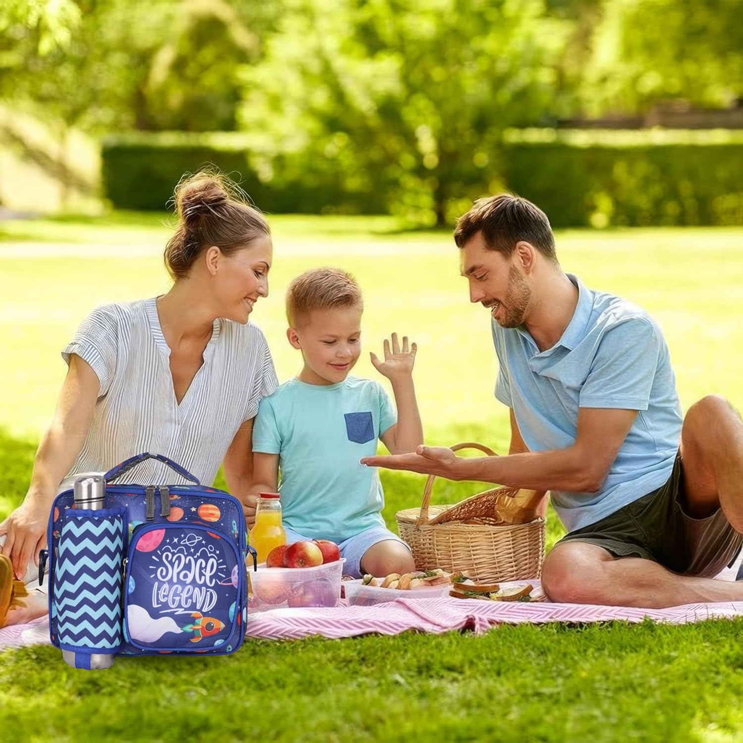 Echo Boomers Space Print Blue Insulated Tiffin Lunch Bags for Kids with Multi Zipper Pockets