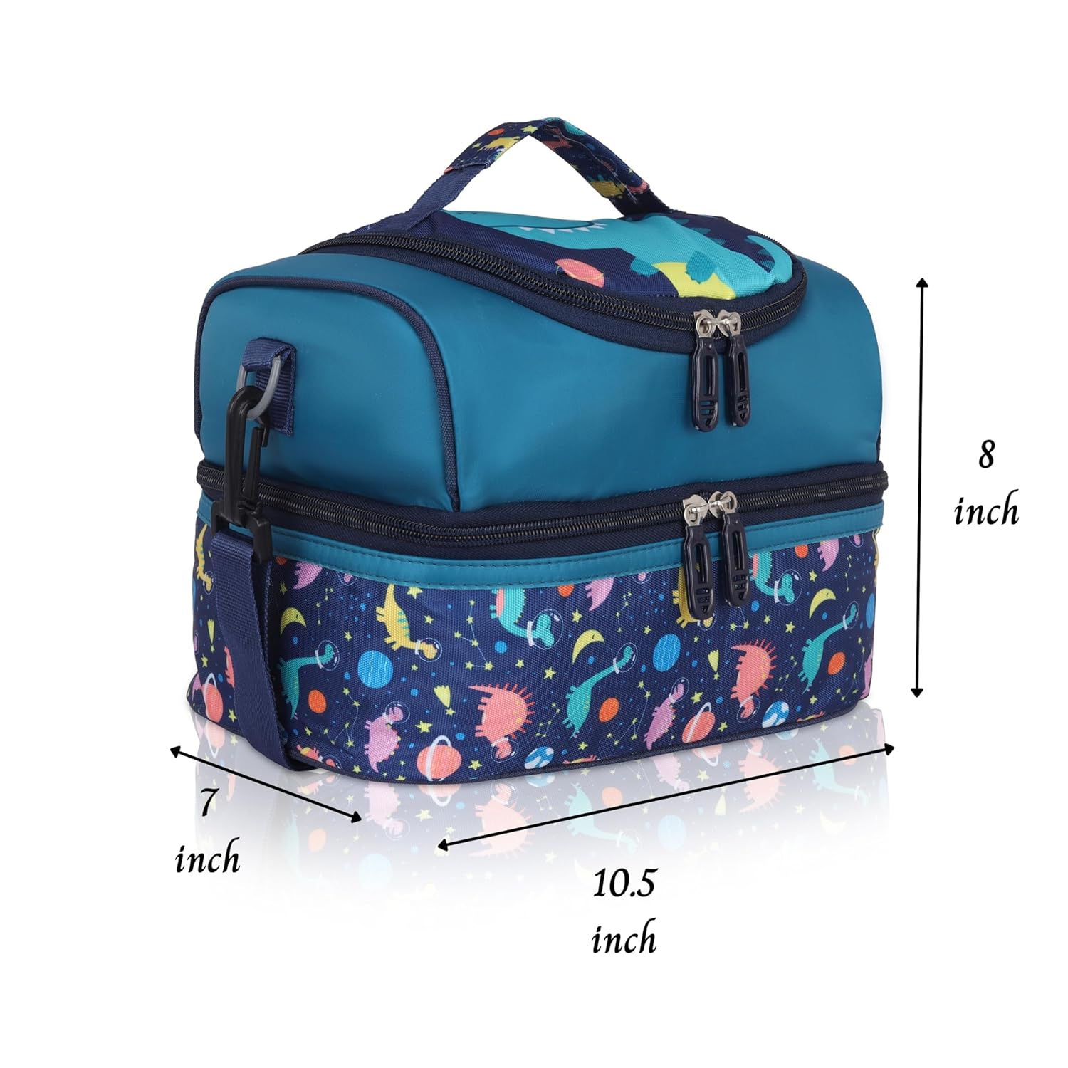 Echo Boomers Blue Dino Printed Double Layer Insulated Tiffin Lunch Bag with Detachable Strap