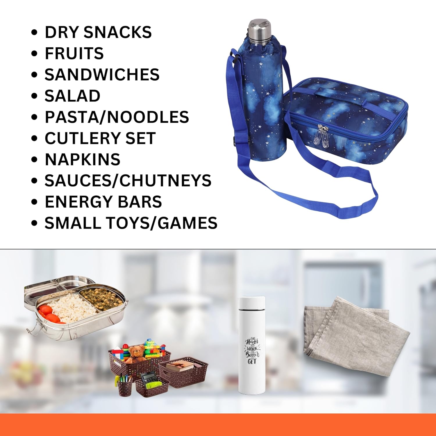 Echo Boomers Space Theme Printed Large Insulated Lunch Bag with Mesh Compartment & Water Bottle Combo - Dark Blue