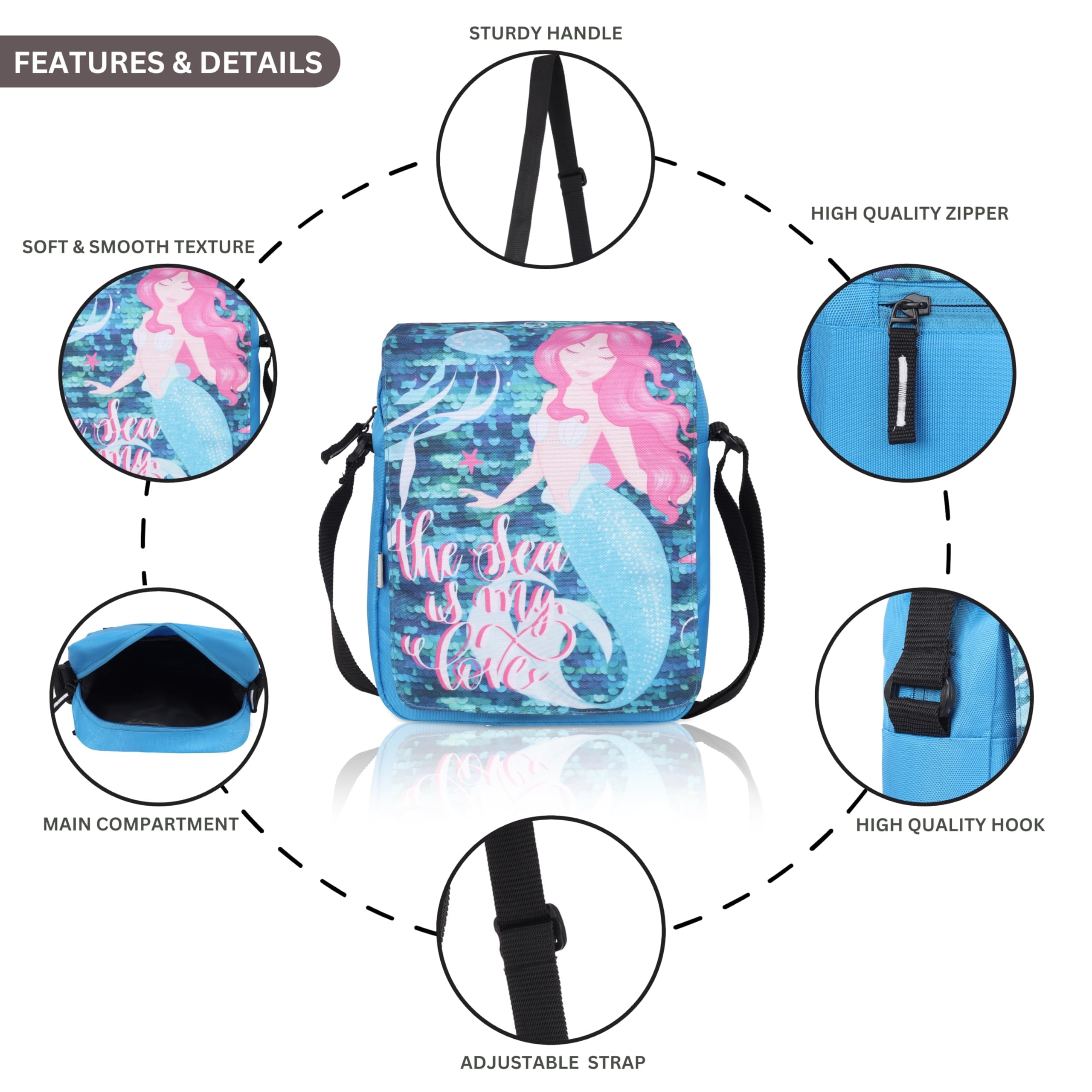 Echo Boomers Mermaid Printed Multi-Functional Messenger Sling Bag | Versatile Everyday Bag | Adjustable Shoulder Strap | Water-Resistant | Anti-Theft Design | Compact & Lightweight