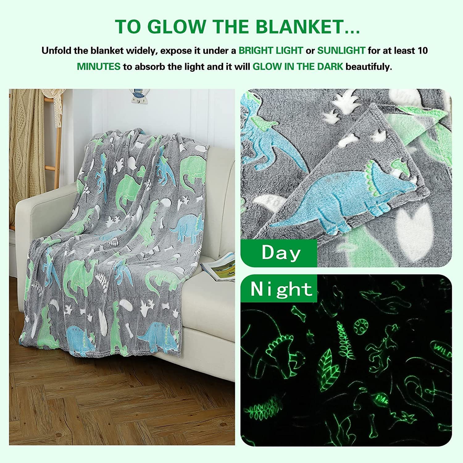 Echo Boomers Dino Glow in The Dark Blanket Printed Blankets for Kids, Light Weight Soft Cozy All Season Blankets for Baby Boys & Girls Pack of 1 Grey Star-Small (50x60 inches)