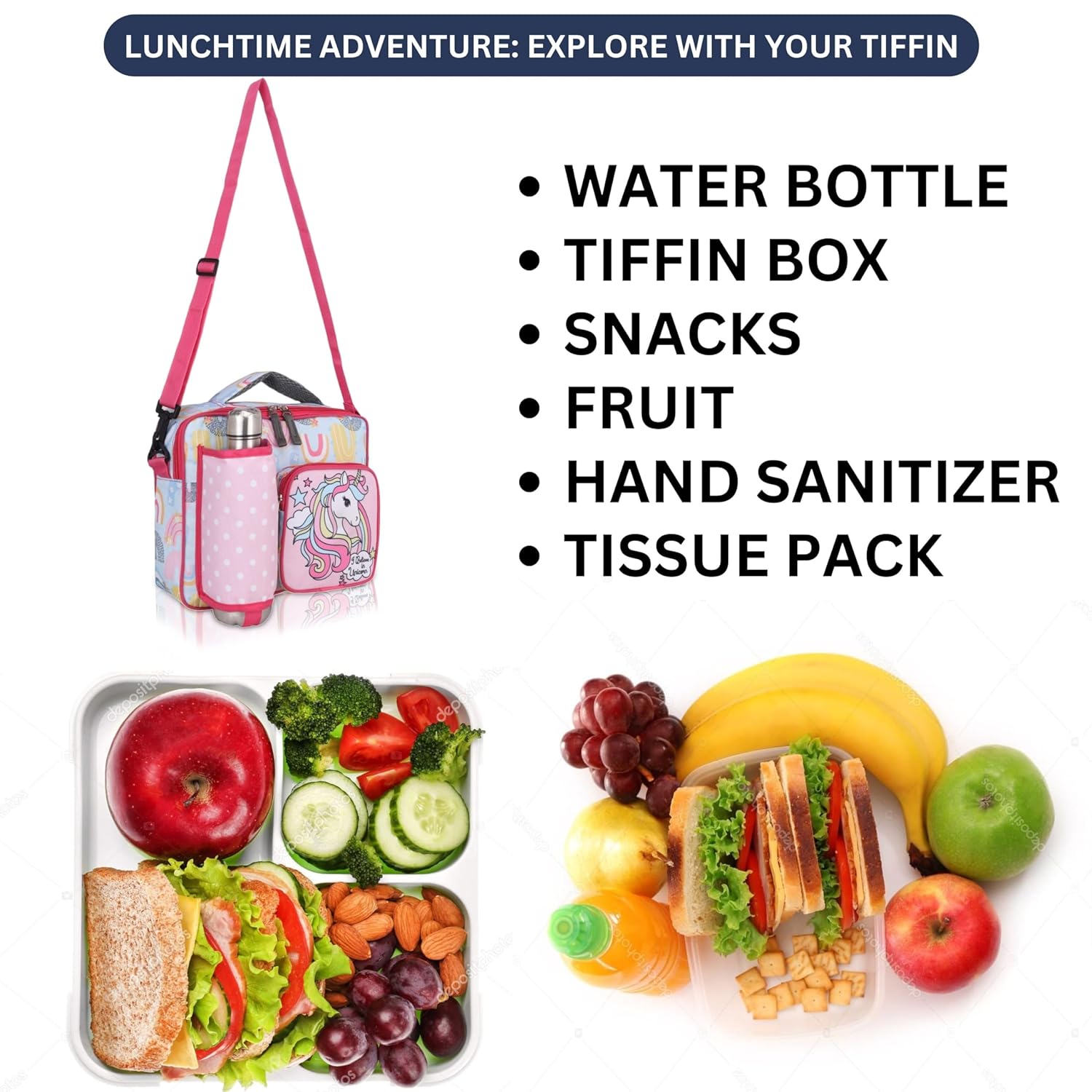 Echo Boomers Unicorn Print Pink Insulated Tiffin Lunch Bags for Kids with Multi Zipper Pockets