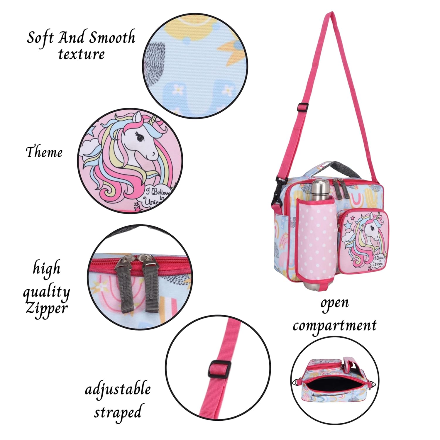 Echo Boomers Unicorn Print Pink Insulated Tiffin Lunch Bags for Kids with Multi Zipper Pockets