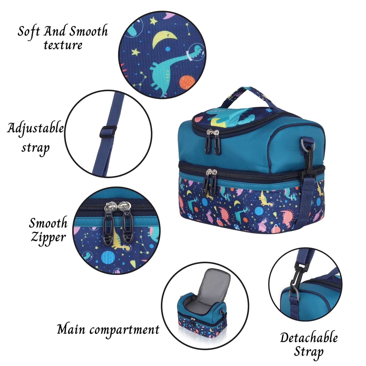 Echo Boomers Blue Dino Printed Double Layer Insulated Tiffin Lunch Bag with Detachable Strap