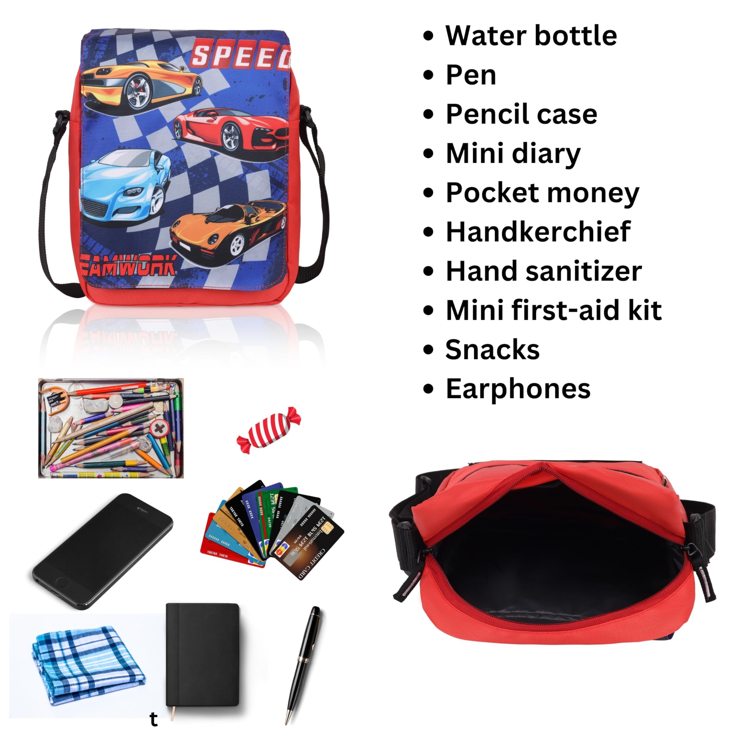 Echo Boomers Cars Printed Multi-Functional Messenger Sling Bag | Versatile Everyday Bag | Adjustable Shoulder Strap | Water-Resistant | Anti-Theft Design | Compact & Lightweight