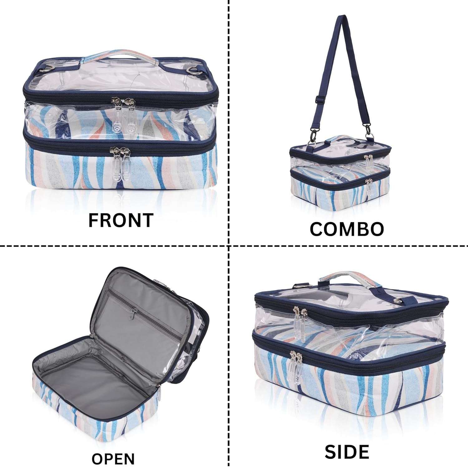 Echo Boomers Stripes Printed Large Double-Decker Insulated Lunch Bag with Multi-Zipper Pockets