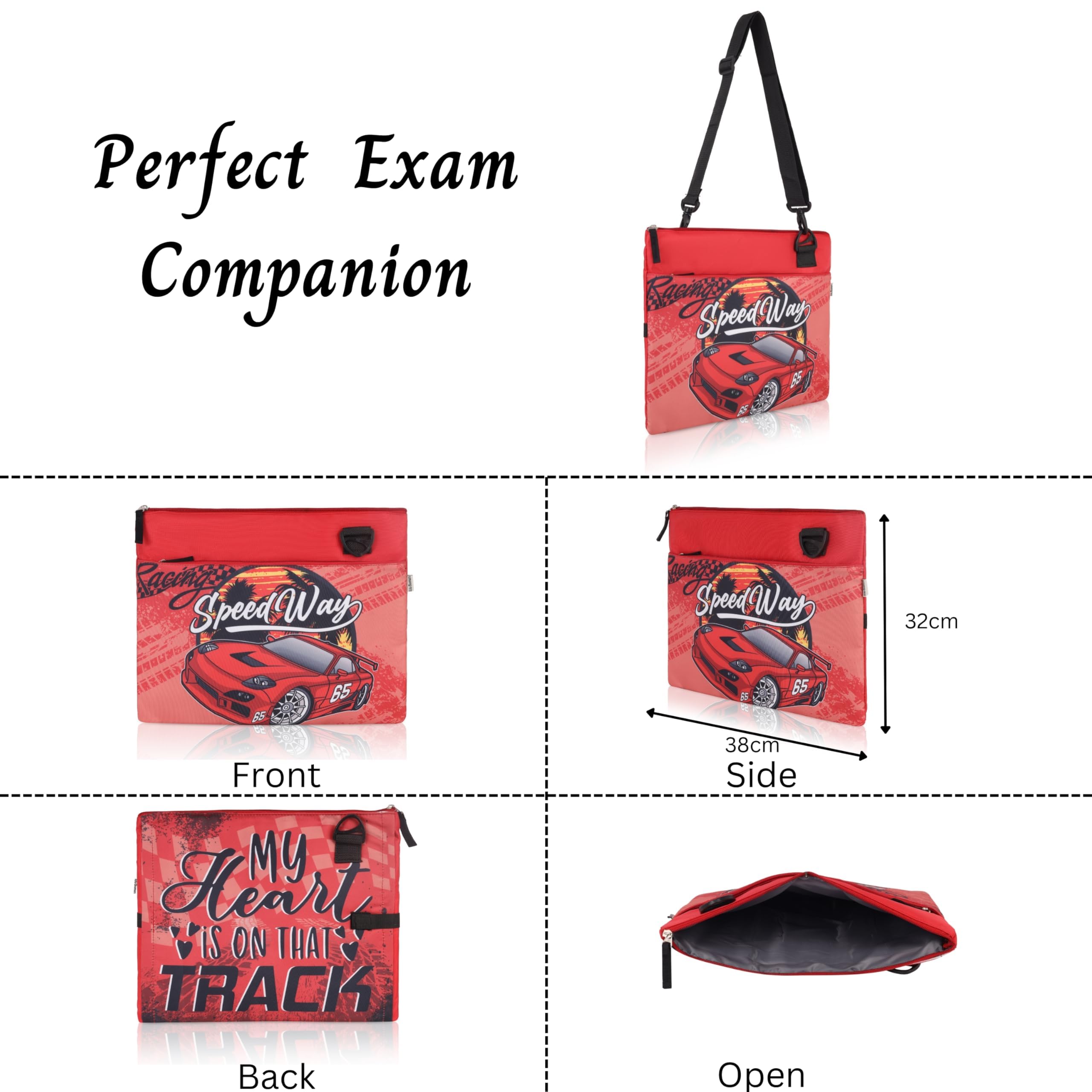 Echo Boomers Racing Car Themed Design Exam & Activity Sling Bag | 3 Compartments | Cushioned & Detachable Strap | Ideal for Outdoor Travel