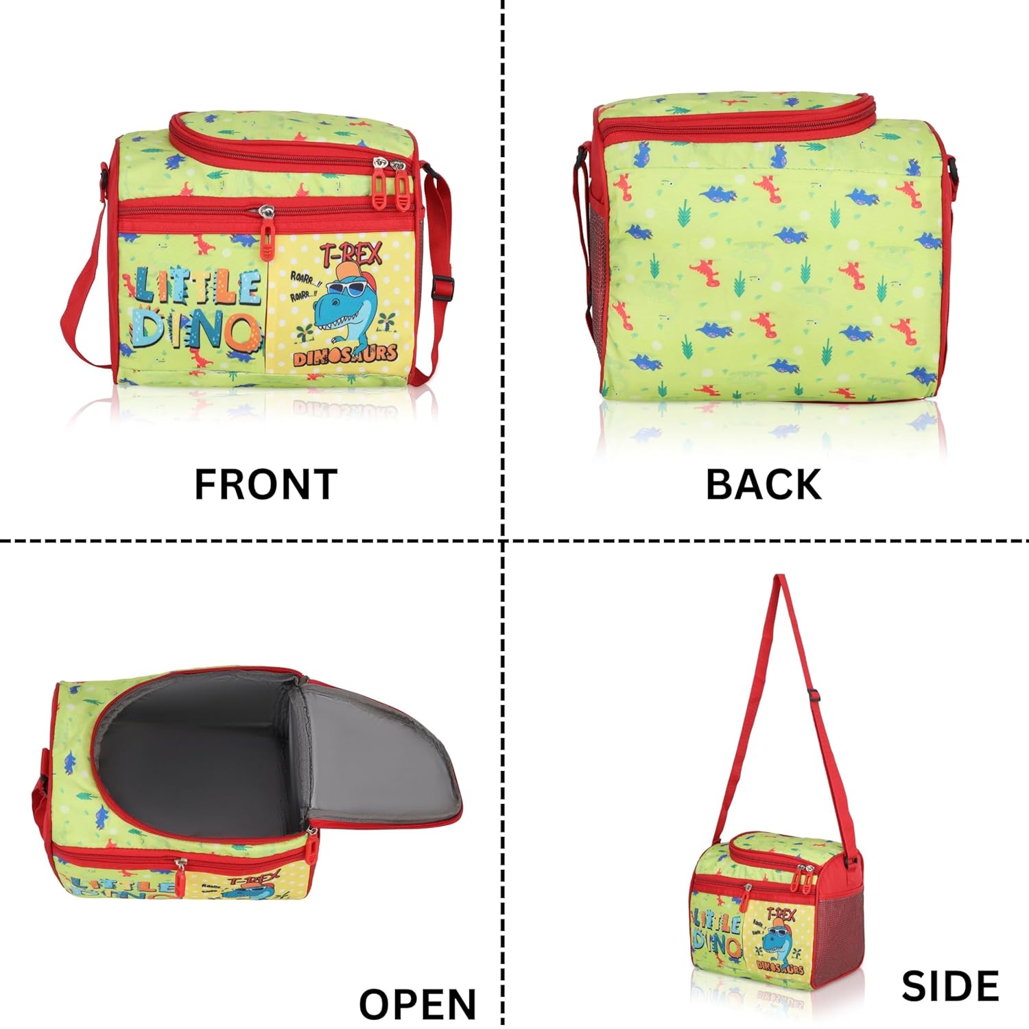 Echo Boomers Little Dino Printed Double Insulated Tiffin Lunch Bag with Multi Zipper Pockets - Pink