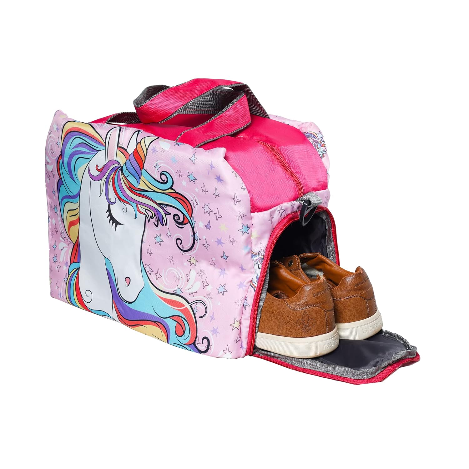 Echo Boomers Pink Unicorn Printed Travel Duffle Bag | Multipurpose Sling Bag with Separate Shoe & Laundry Compartment | Perfect for Kids, Men & Women | Lightweight, Durable, & Stylish Travel Companion