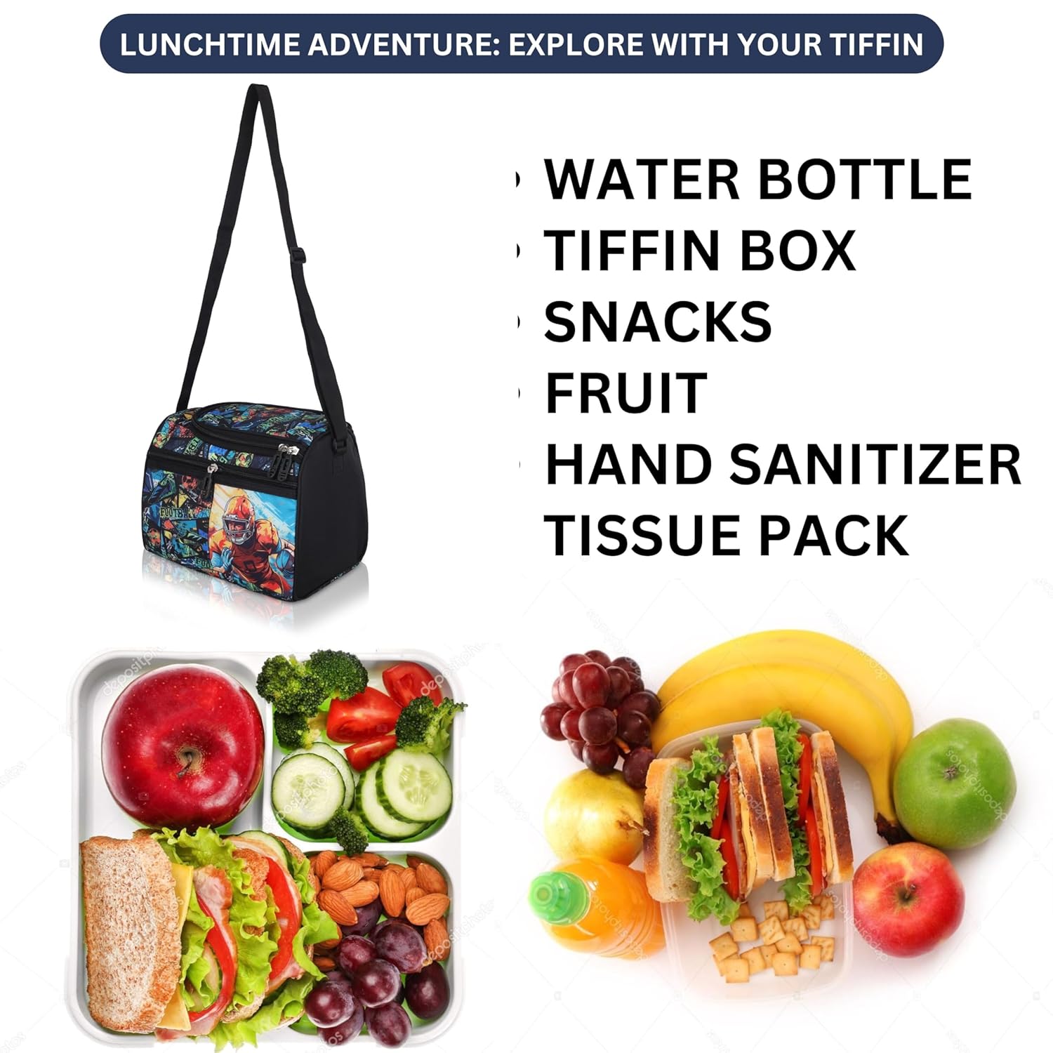 Echo Boomers Football Printed Double Insulated Tiffin Lunch Bag with Multi Zipper Pockets - Pink