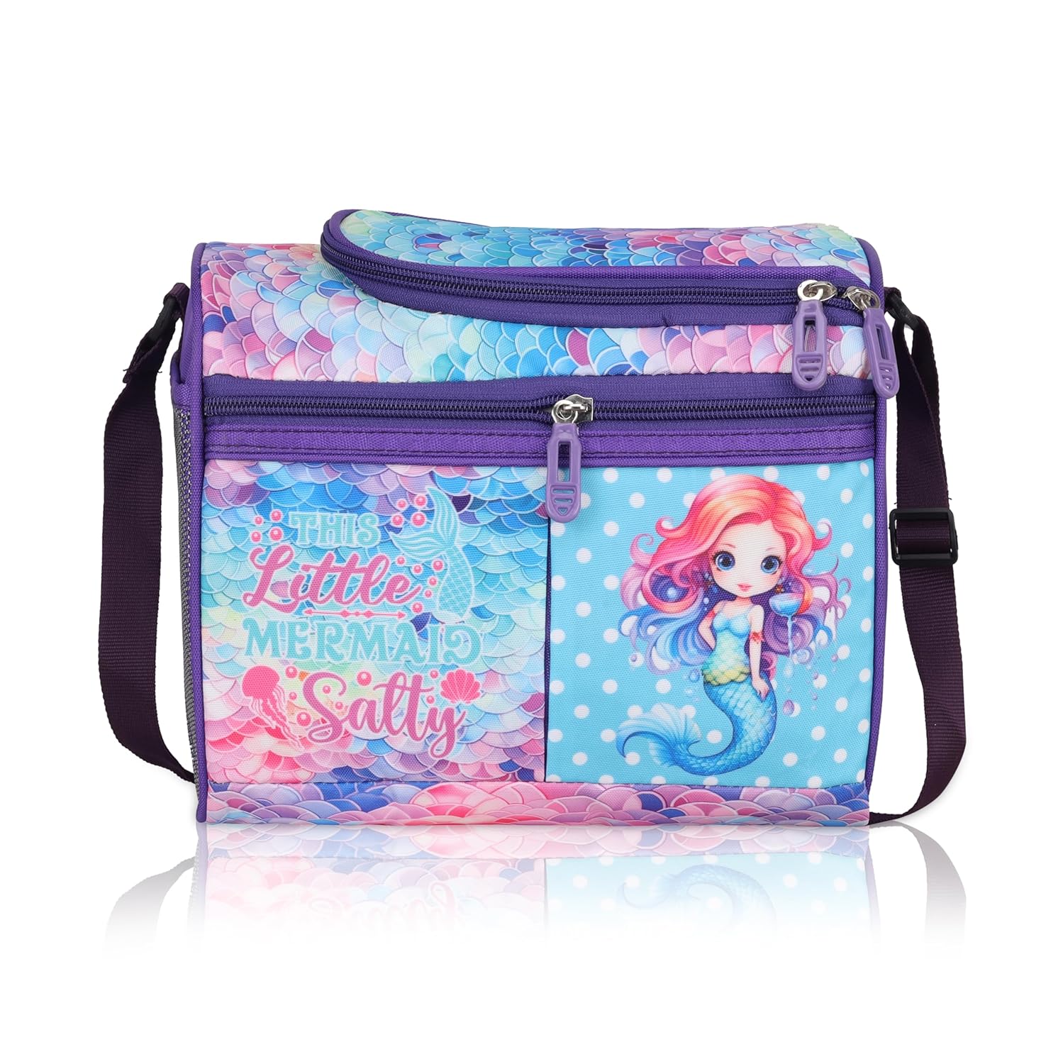 Echo Boomers Little Mermaid Printed Double Insulated Tiffin Lunch Bag with Multi Zipper Pockets - Pink