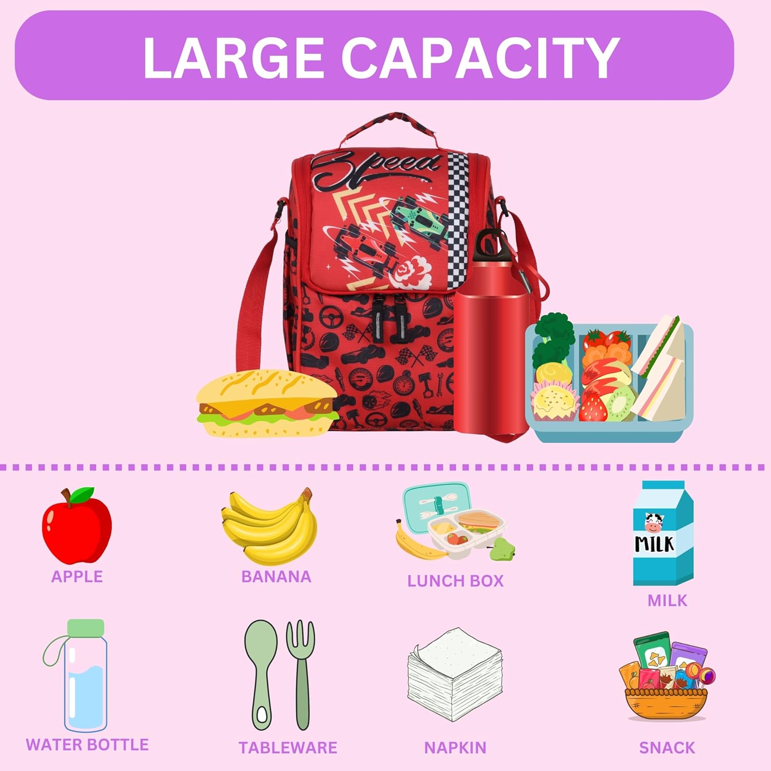 Echo Boomers Kids Lunch Bag with Round Table Mat Combo | Multi Print | Fun School Lunch Set for Boys & Girls