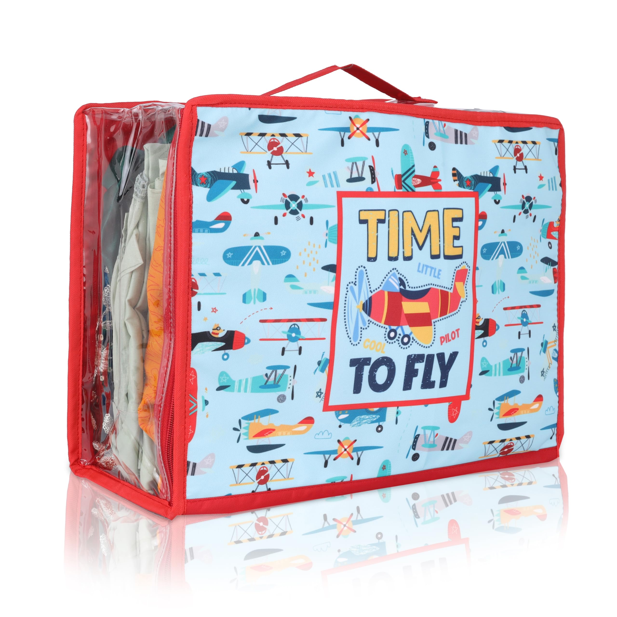 Echo Boomers Time to Fly 4-Piece Travel Organizer Set | Travel accessories - Red and Sky Blue Packing Cubes with Rocket and Airplane Print
