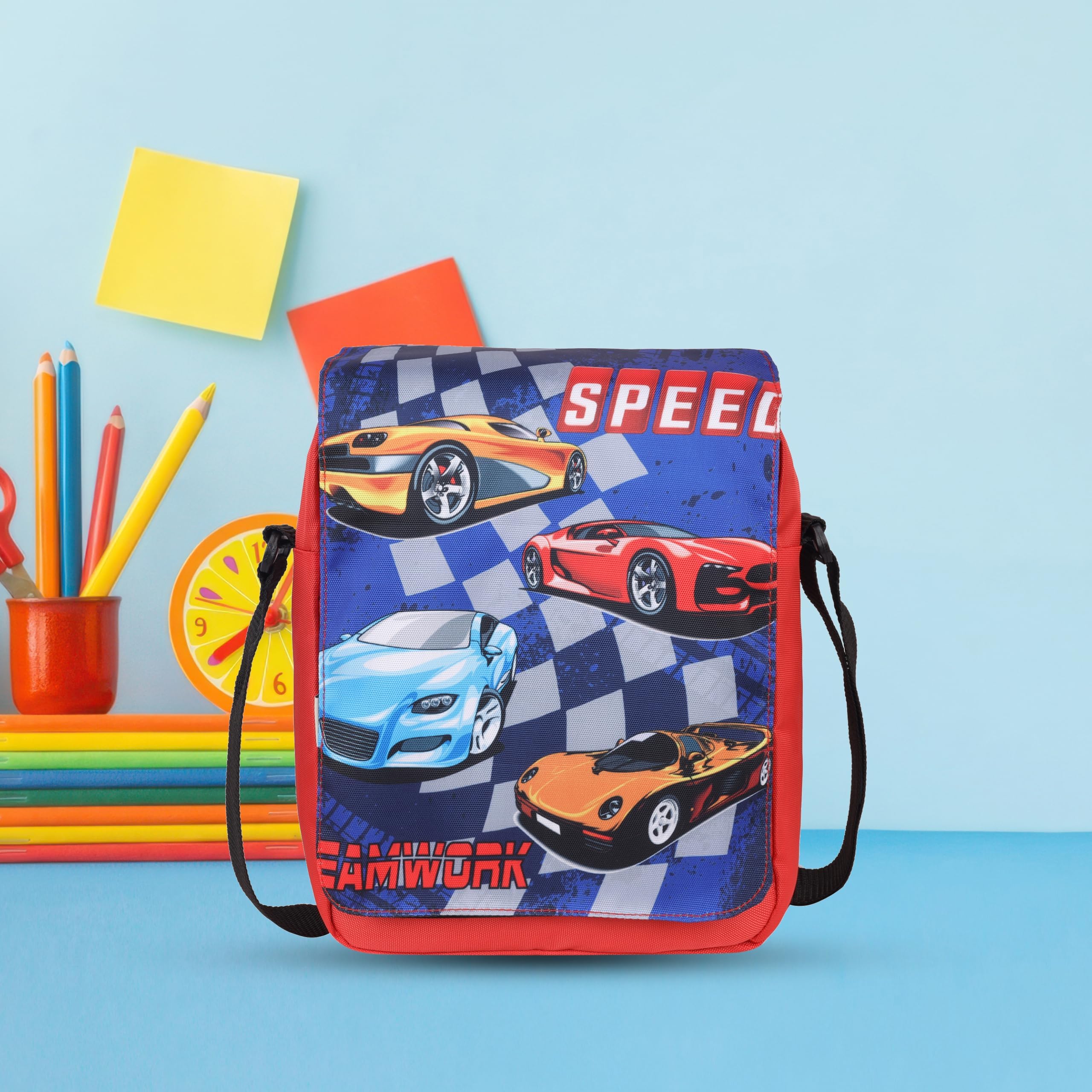Echo Boomers Cars Printed Multi-Functional Messenger Sling Bag | Versatile Everyday Bag | Adjustable Shoulder Strap | Water-Resistant | Anti-Theft Design | Compact & Lightweight