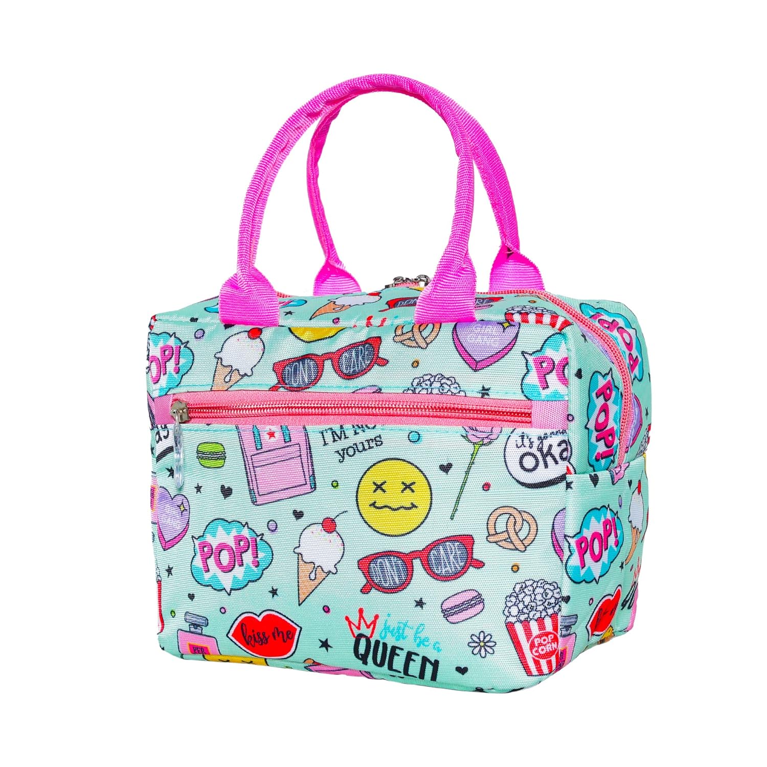 Echo Boomers Smiley Printed Insulated Lunch Bag, Tiffin and Food Storage Bag for Work, Students, Office, Picnic, College & School with Multiple Zipper Pockets