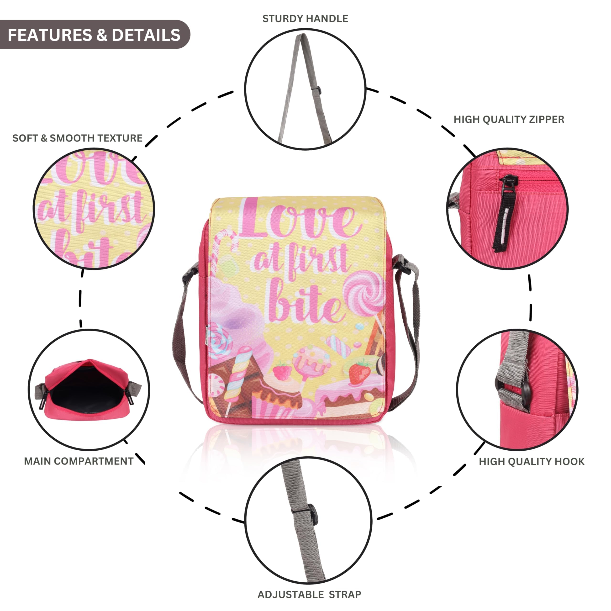 Echo Boomers Desserts Food Printed Multi-Functional Messenger Sling Bag | Versatile Everyday Bag | Adjustable Shoulder Strap | Water-Resistant | Anti-Theft Design | Compact & Lightweight