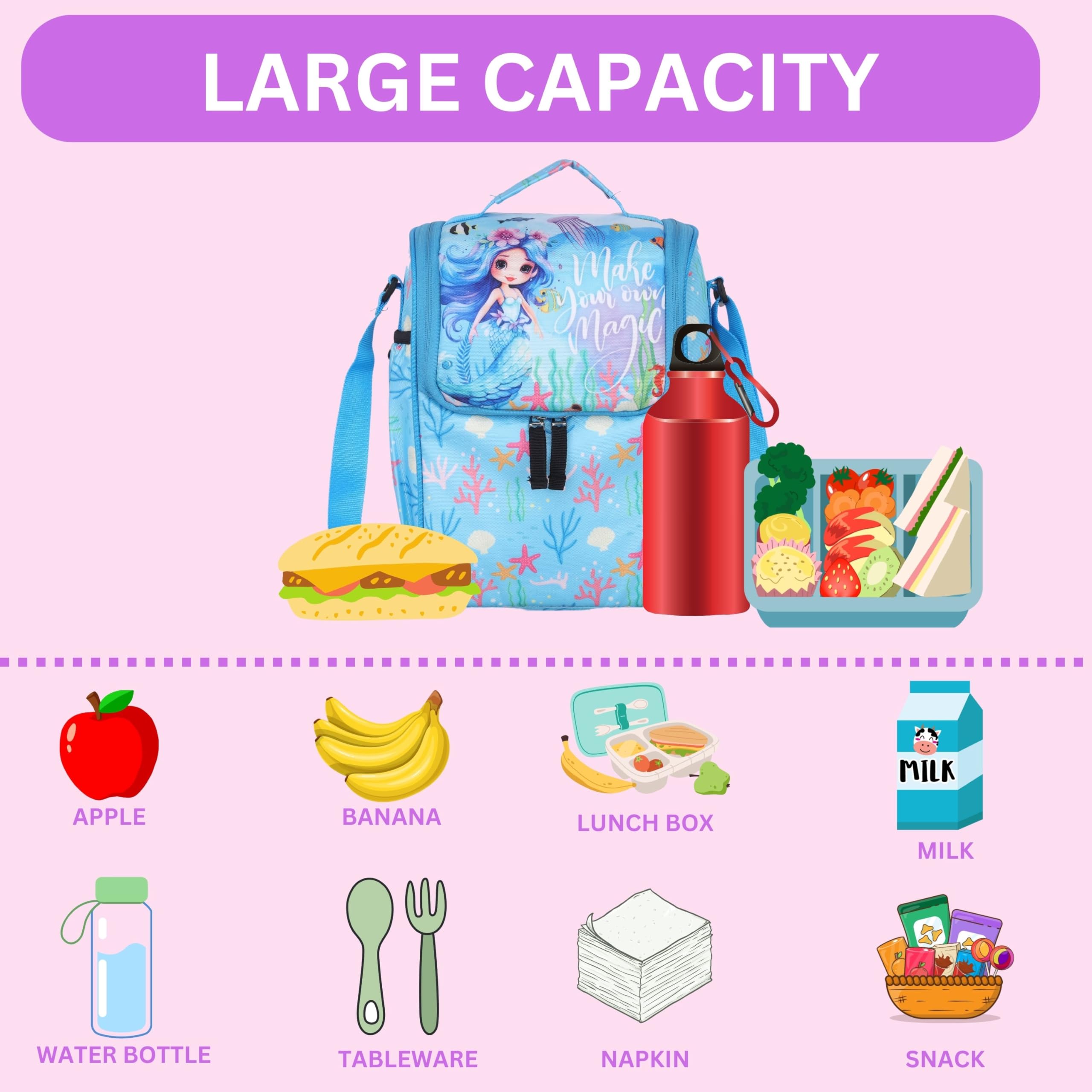Echo Boomers Mermaid Sky Blue Lunch Bag for Kids | Tiffin Bag with Strap | Mermaid Theme | Ideal for Picnics and School