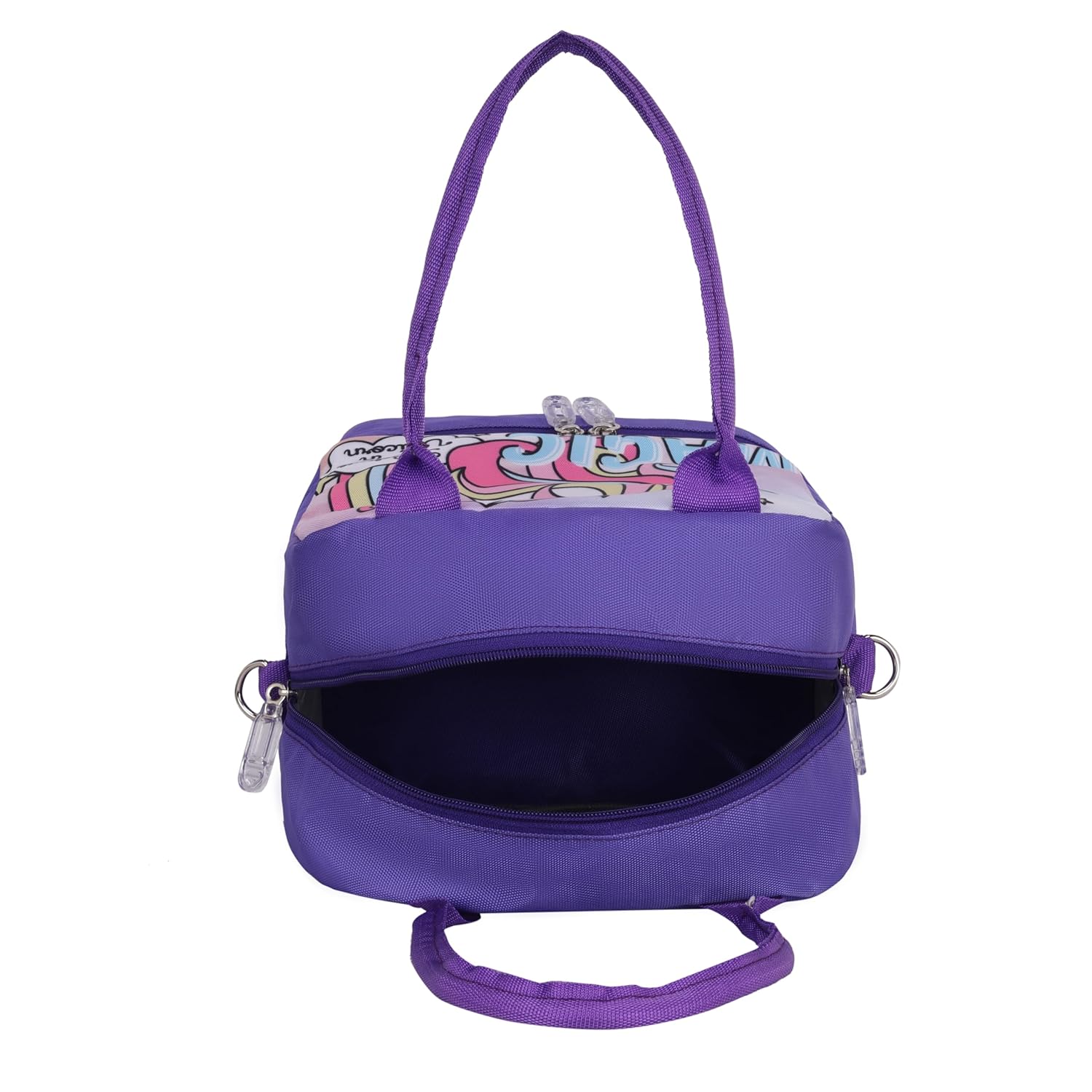 Echo Boomers Double Layer Insulated Tiffin Lunch Bag - Magical Purple Unicorn Print, Multi Pockets & Long Strap