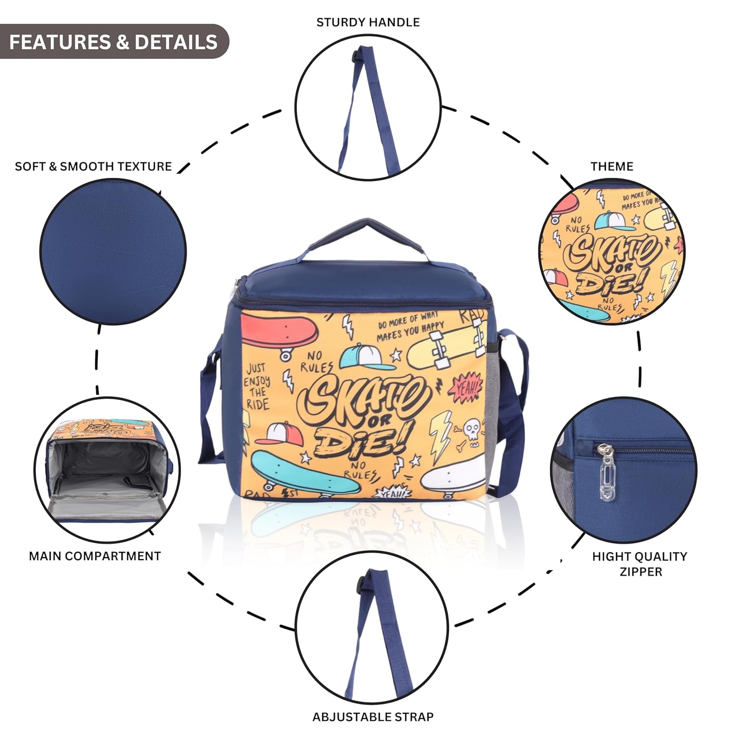 Echo Boomers Skates Printed Insulated Lunch Bag, Tiffin and Food Storage Bag for Work, Students, Office, Picnic, College & School with Bottle Holder & Multiple Zipper Pockets (Blue)