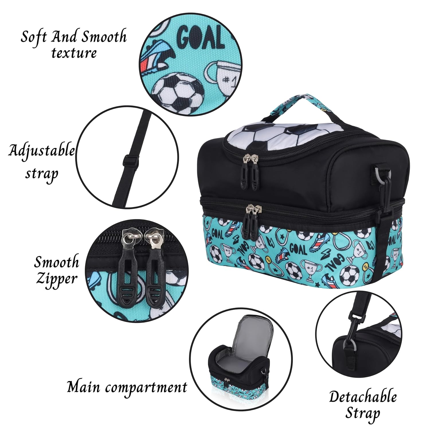 Echo Boomers Black Ball Printed Double Layer Insulated Tiffin Lunch Bag with Detachable Strap