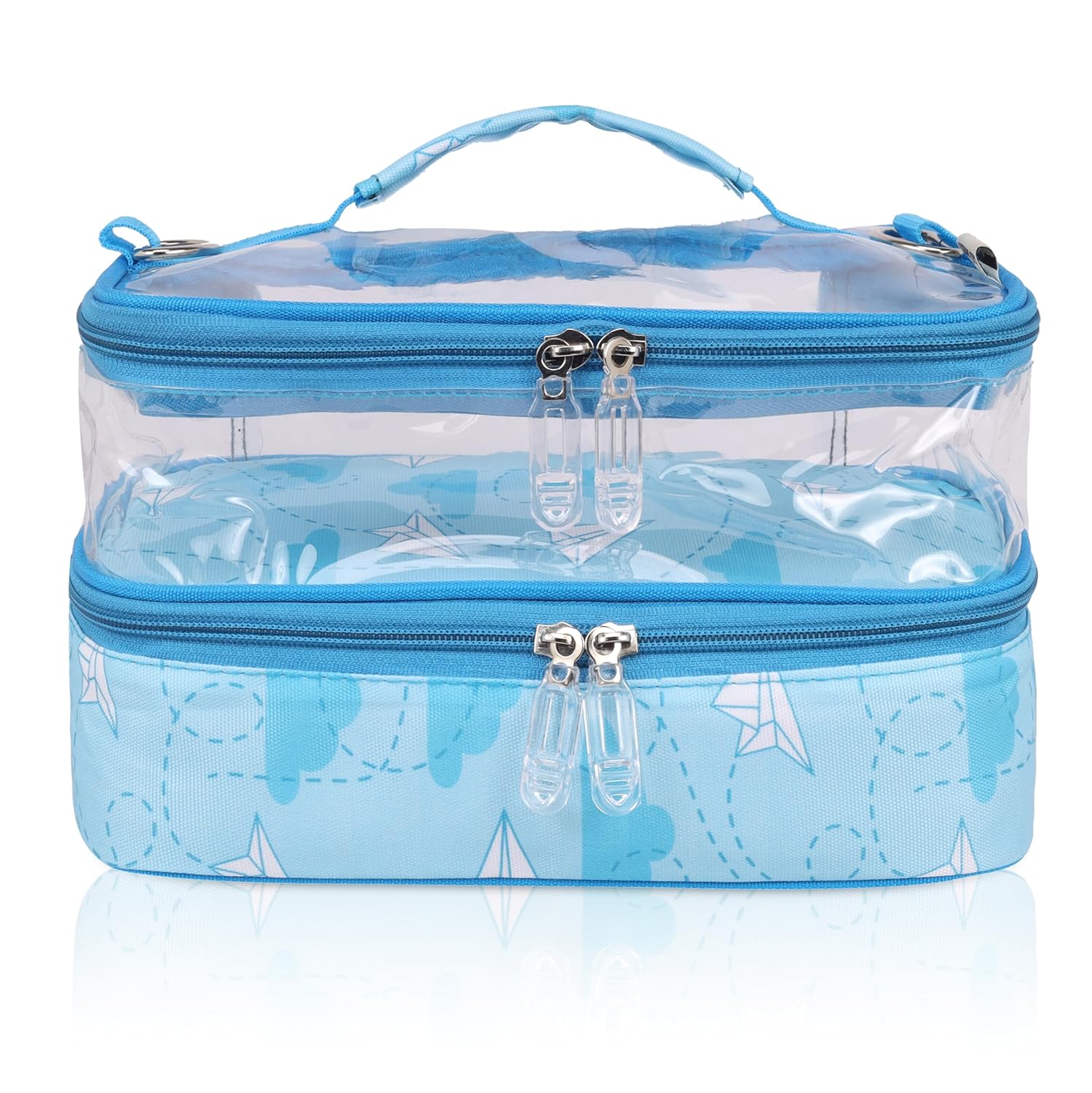 Echo Boomers Plane Printed Small Double-Decker Insulated Lunch Bag with Multi-Zipper Pockets - Sky Blue