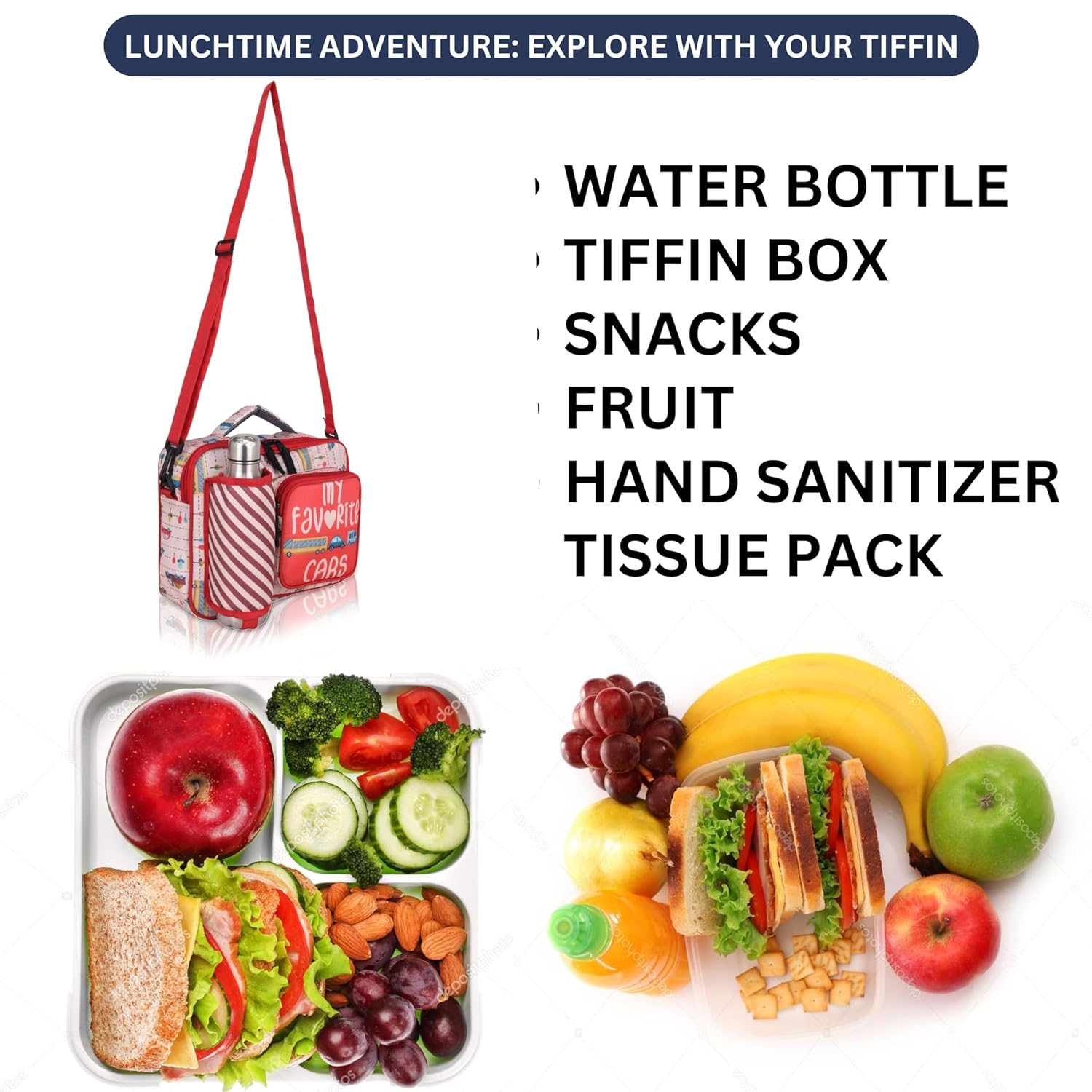 Echo Boomers Red Cars Print Insulated Tiffin Lunch Bags for Kids with Multi Zipper Pockets