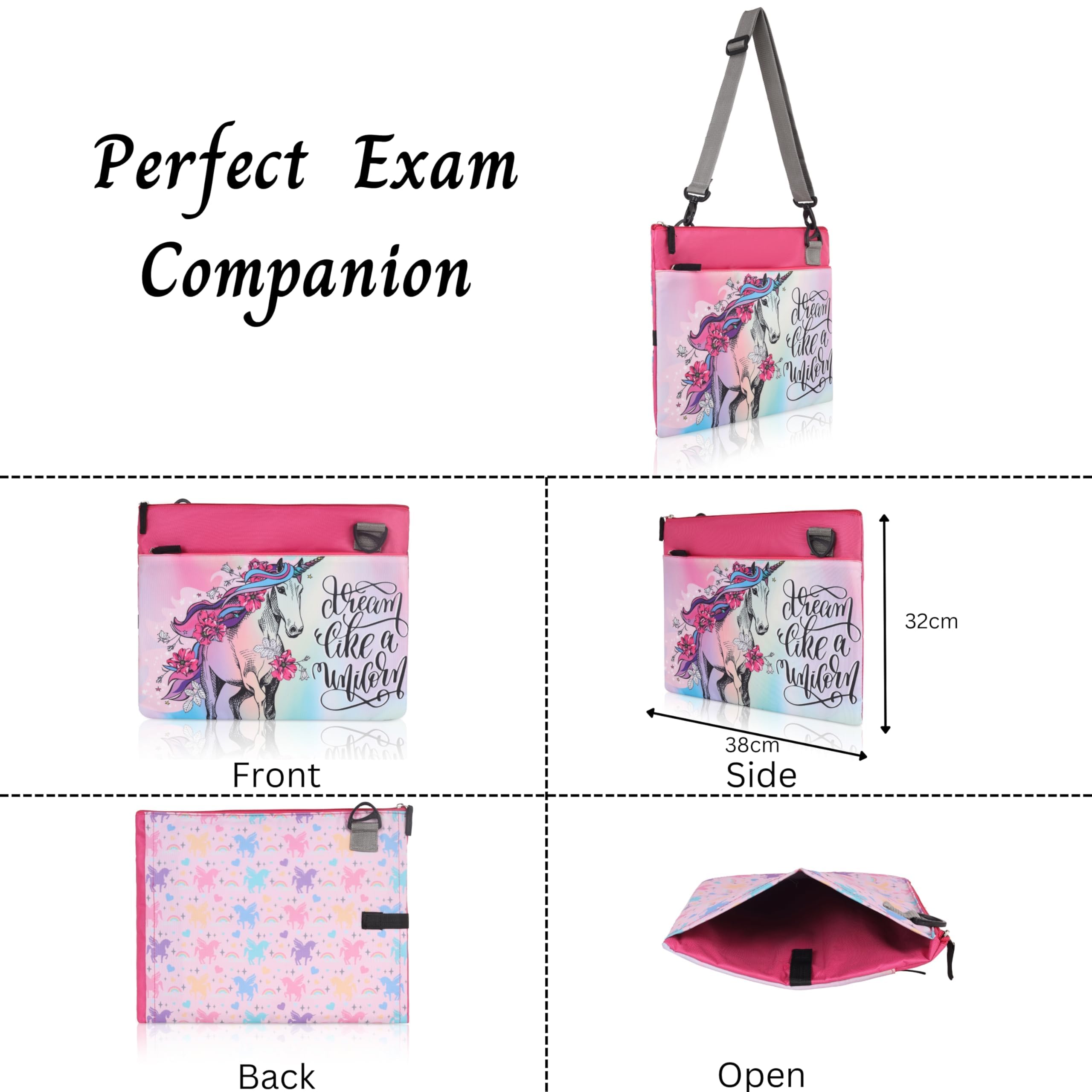 Echo Boomers Unicorn Printed Exam & Activity Sling Bag | 3 Compartments | Cushioned & Detachable Strap | Ideal for Outdoor Travel