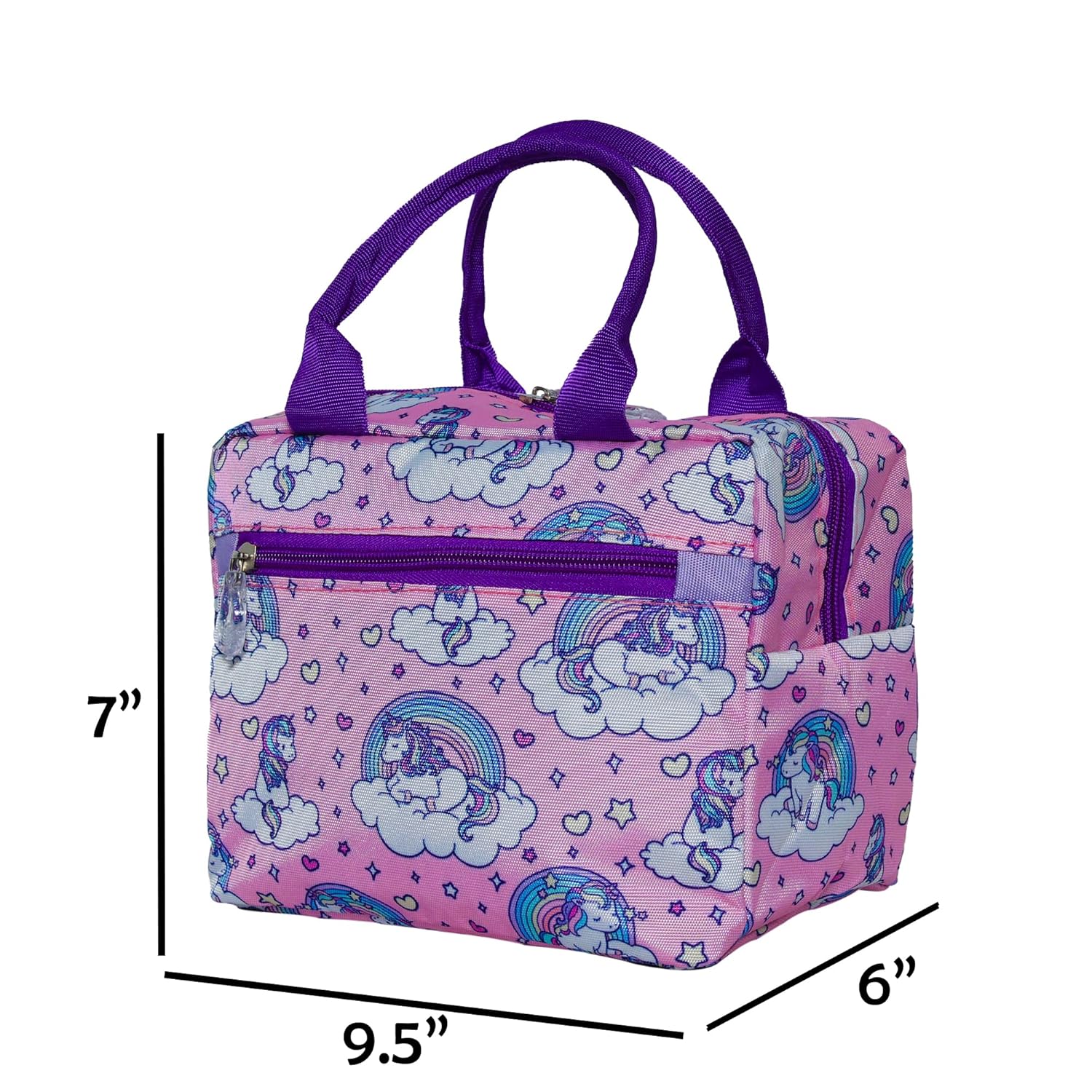 Echo Boomers Unicorn Printed Insulated Lunch Bag, Tiffin and Food Storage Bag for Work, Students, Office, Picnic, College & School with Multiple Zipper Pockets (Purple)