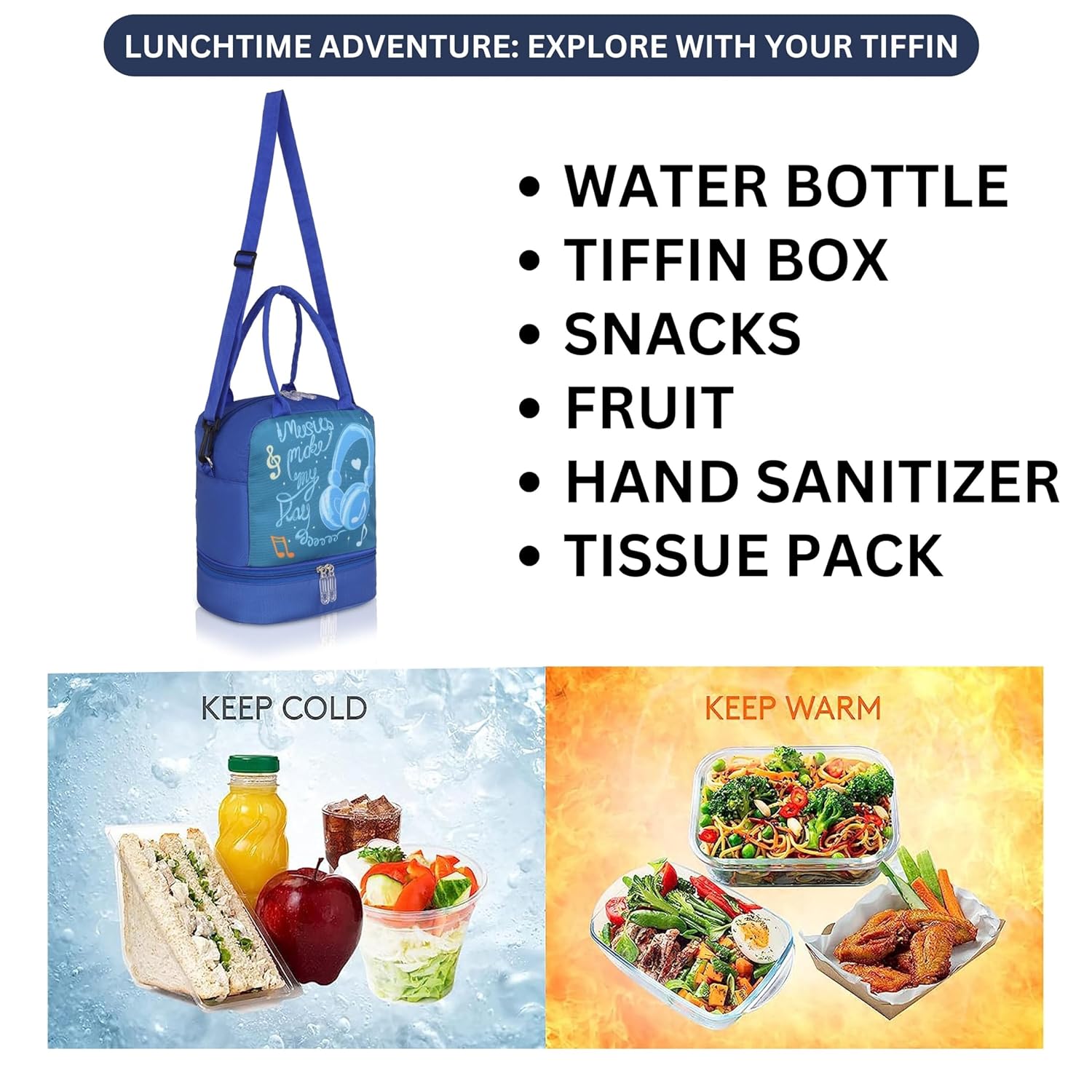 Echo Boomers Double Layer Insulated Tiffin Bag, Blue Music Print & Multi Pockets Spacious Lunch Bag with Long Strap