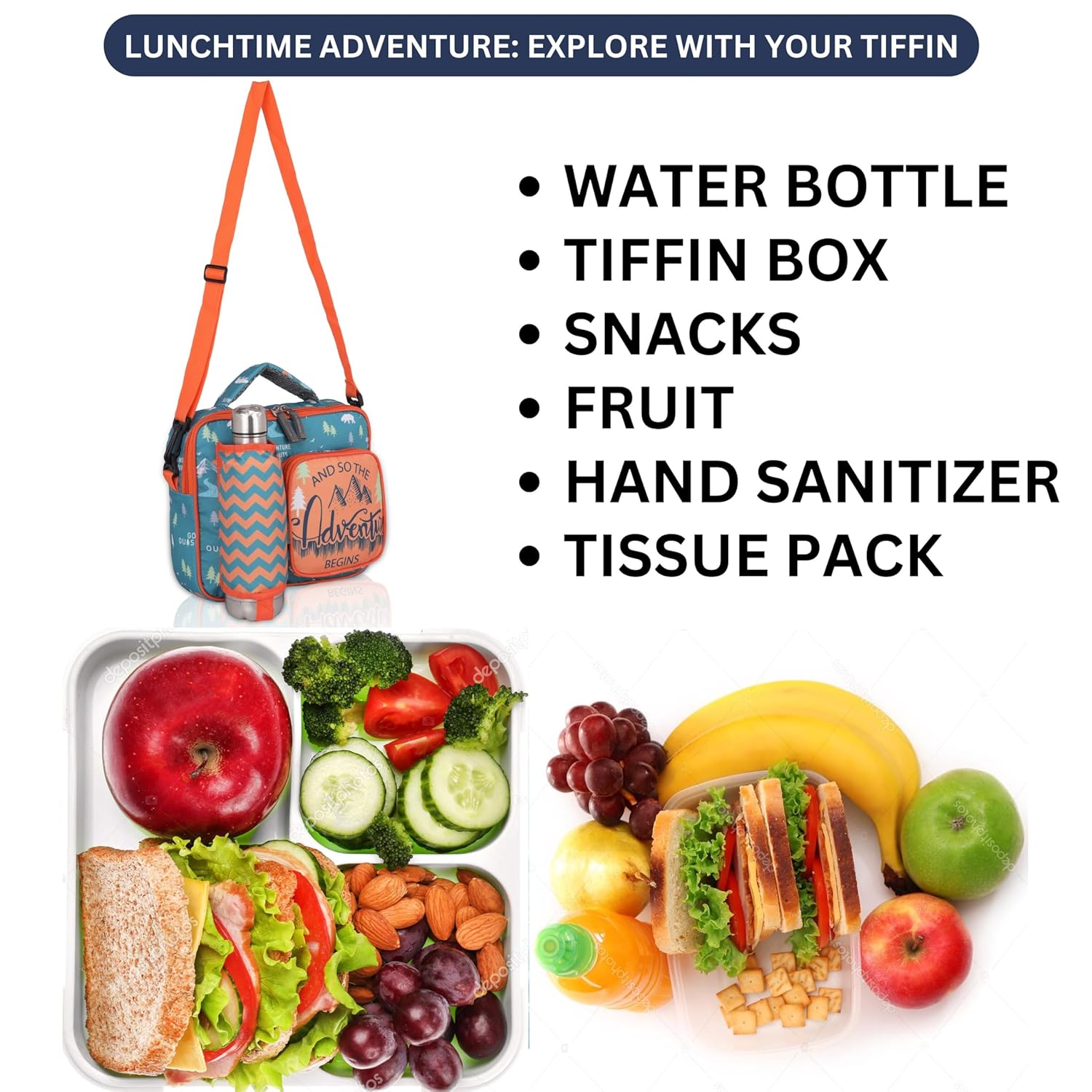 Echo Boomers Orange Adventrue Print Insulated Tiffin Lunch Bags for Kids with Multi Zipper Pockets