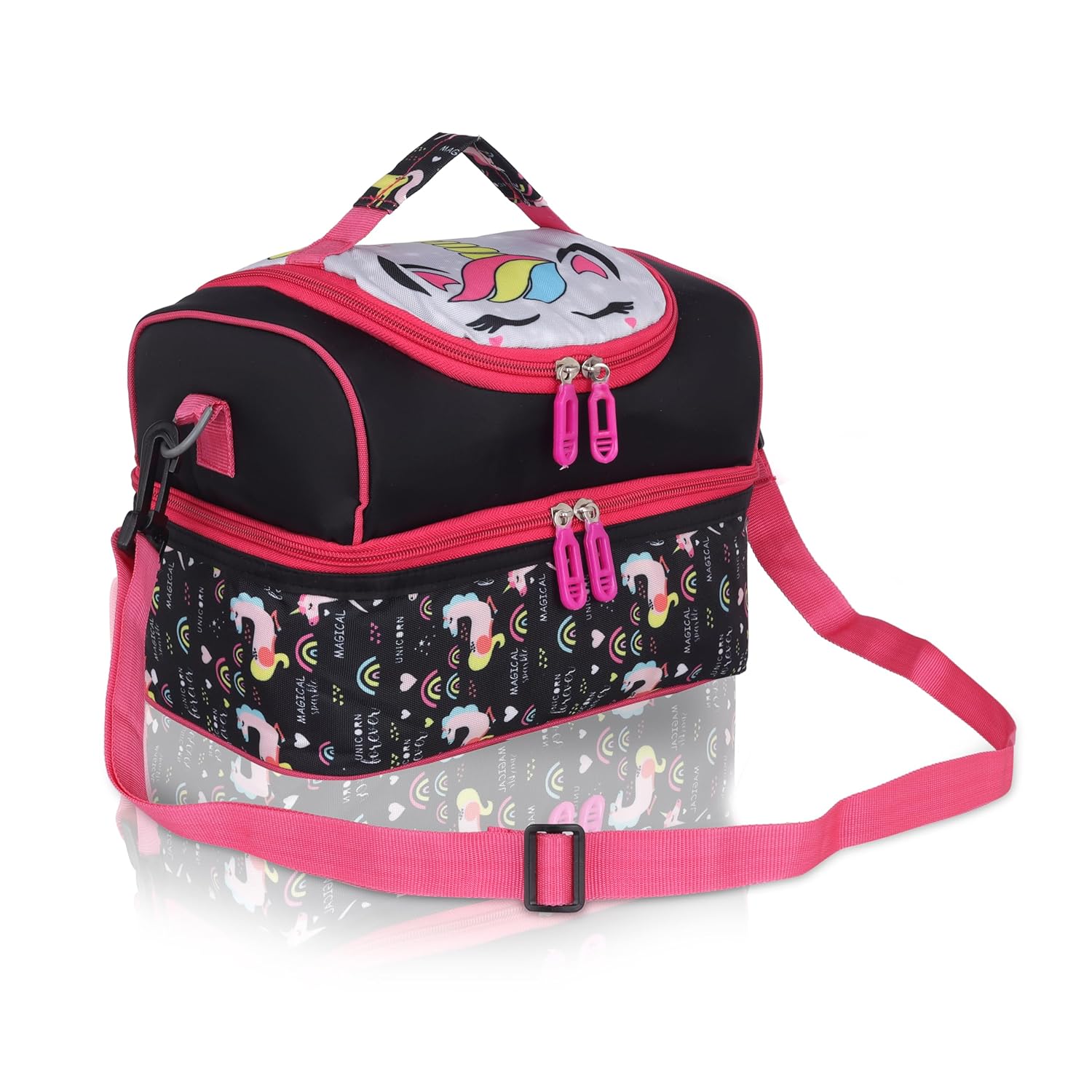 Echo Boomers Black Unicorn Printed Double Layer Insulated Tiffin Lunch Bag with Detachable Strap