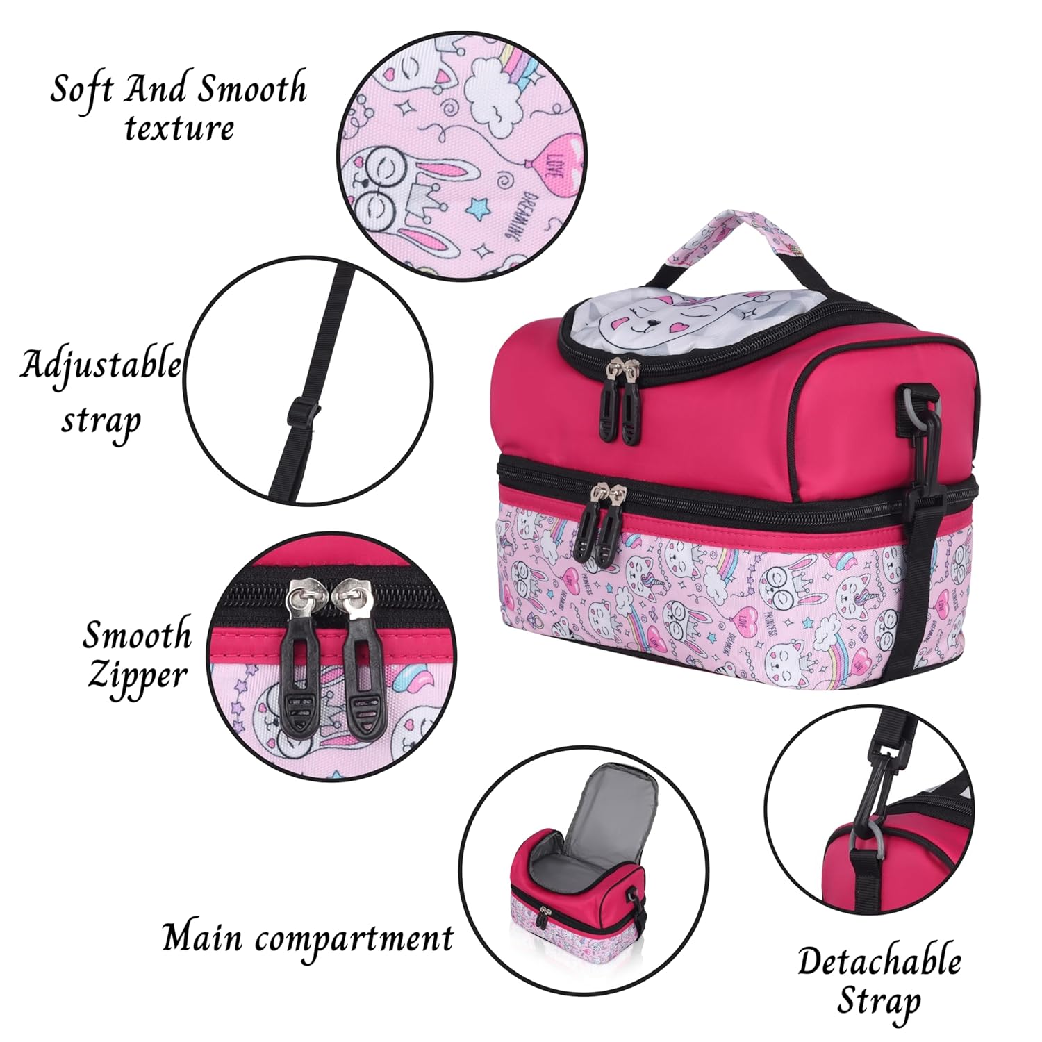 Echo Boomers Red Cat Printed Double Layer Insulated Tiffin Lunch Bag with Detachable Strap