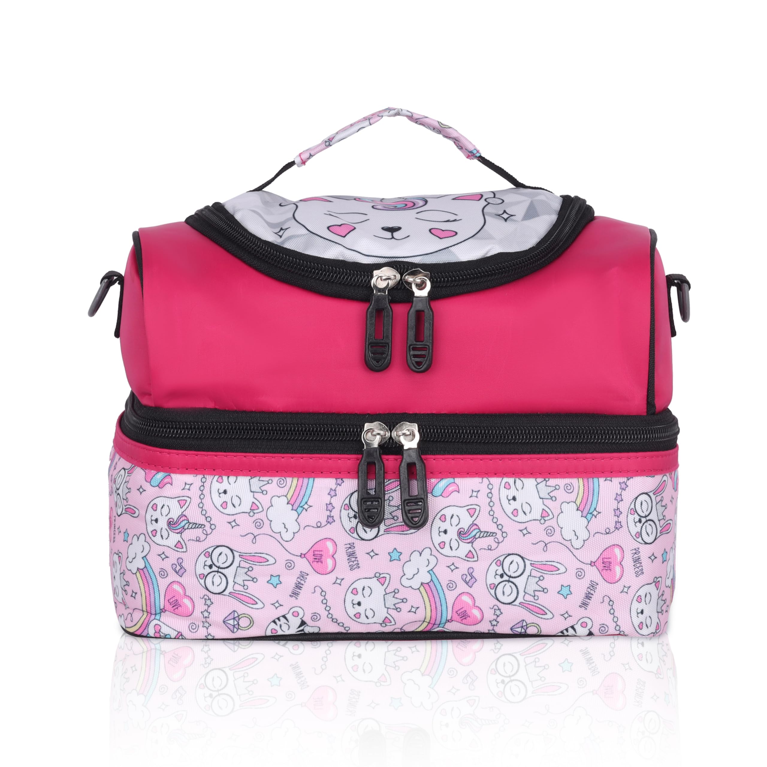 Echo Boomers Pink Unicorn Printed Double Layer Insulated Tiffin Lunch Bag with Detachable Strap