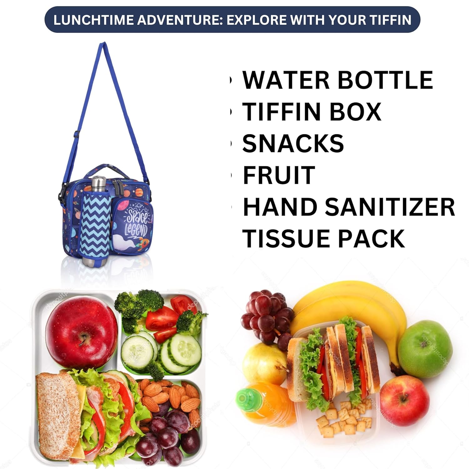 Echo Boomers Blue Space Print Insulated Tiffin Lunch Bags for Kids with Multi Zipper Pockets