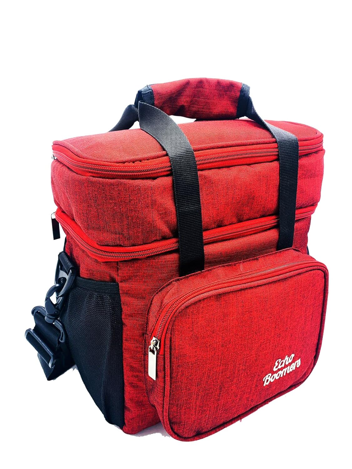 Echo Boomers Red Colour Solid Textured Large Insulated Tiffin Lunch Double Bag with Multi Zipper Pockets