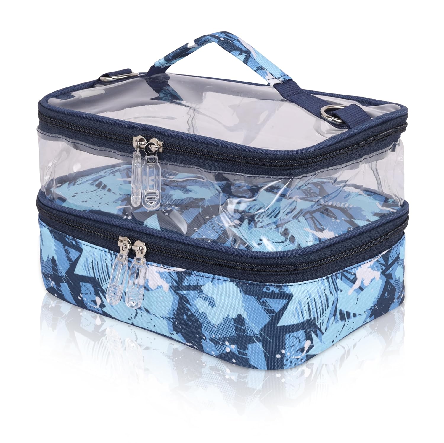 Echo Boomers Stars Printed Small Double-Decker Insulated Lunch Bag with Multi-Zipper Pockets - Blue