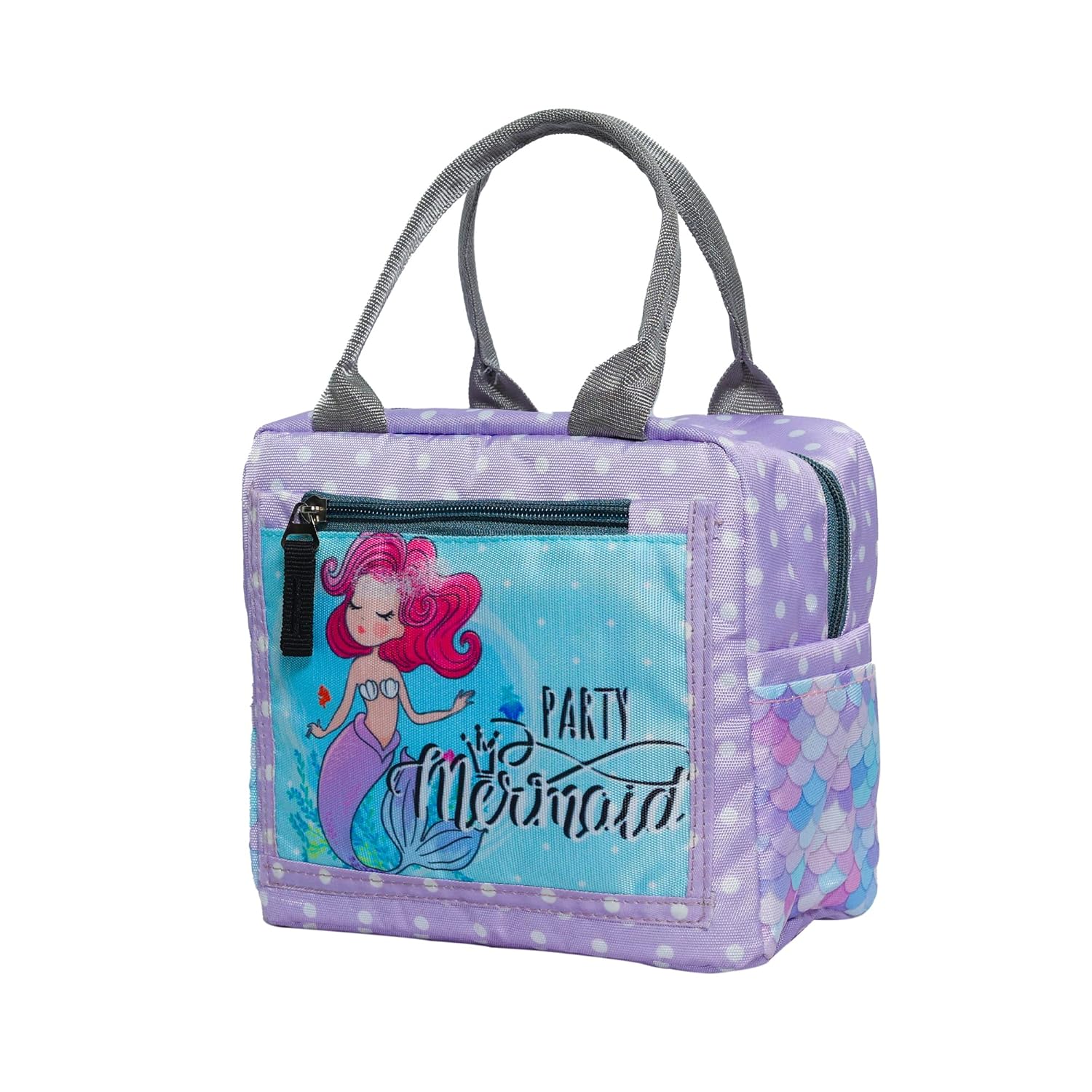 Echo Boomers Mermaid Printed Insulated Lunch Bag, Tiffin and Food Storage Bag for Work, Students, Office, Picnic, College & School with Multiple Zipper Pockets (Purple)