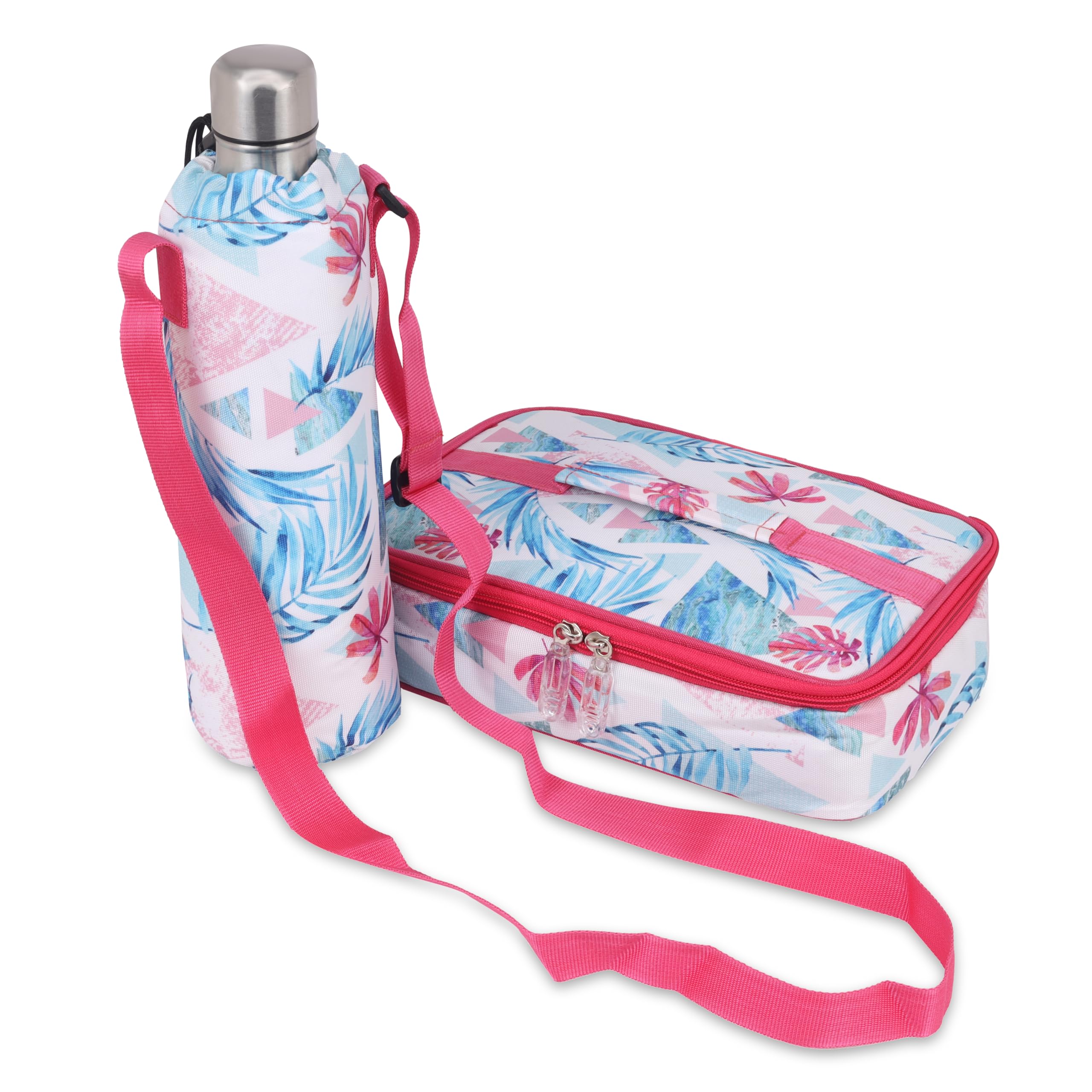 Echo Boomers Stripes Theme Printed Large Insulated Lunch Bag with Mesh Compartment & Water Bottle Combo - Sky Blue