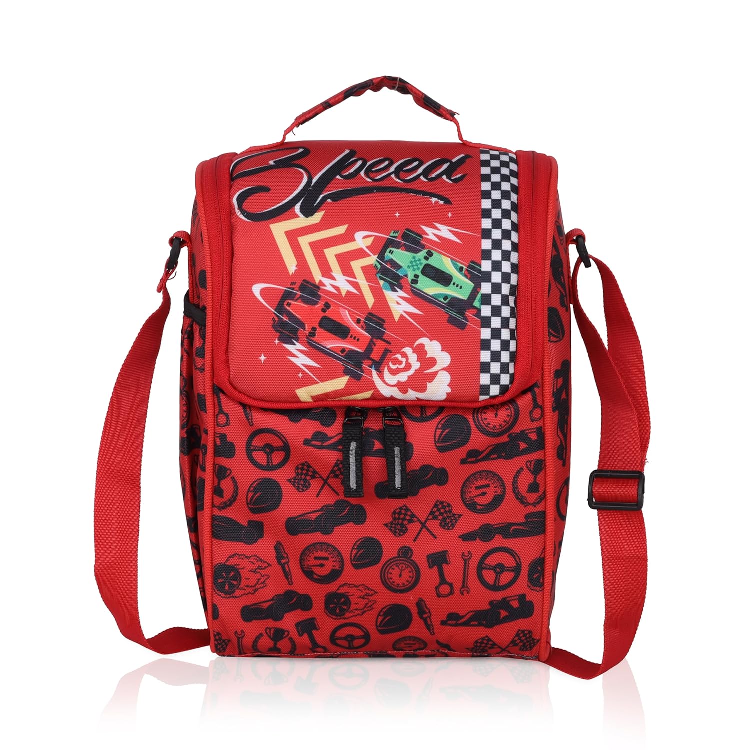 Echo Boomers Speed Cars Red/Black Lunch Bag for Kids | Tiffin Bag with Strap | Speed Cars Theme | Ideal for Picnics and School