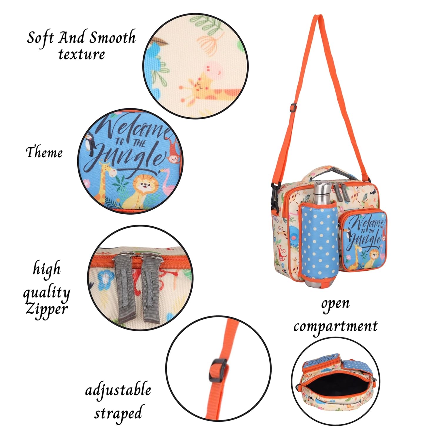 Echo Boomers Bleu Animal Print Insulated Tiffin Lunch Bags for Kids with Multi Zipper Pockets