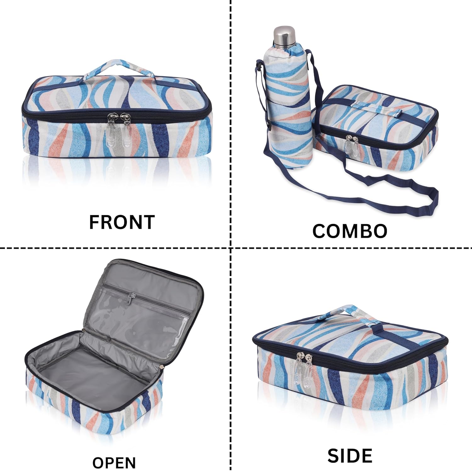 Echo Boomers Stripes Theme Printed Large Insulated Lunch Bag with Mesh Compartment & Water Bottle Combo - Sky Blue