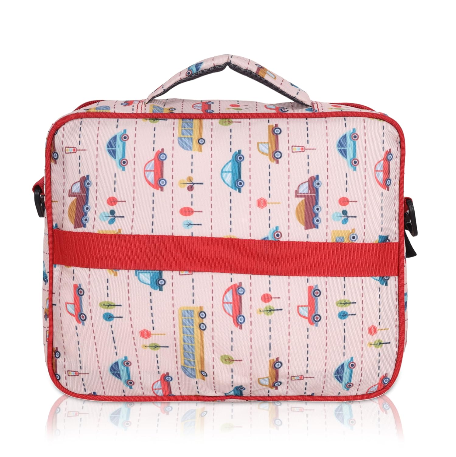 Echo Boomers Red Cars Print Insulated Tiffin Lunch Bags for Kids with Multi Zipper Pockets