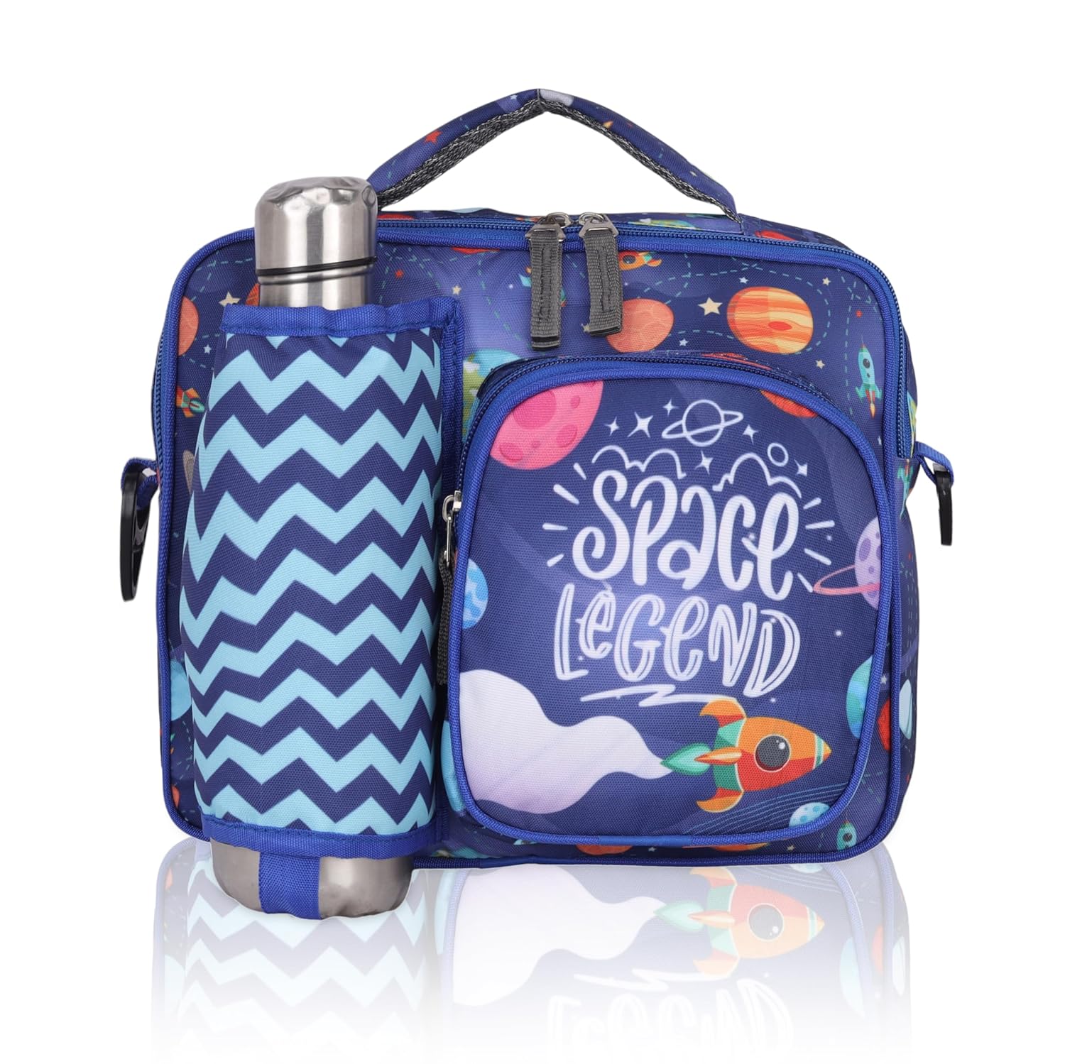 Echo Boomers Space Print Blue Insulated Tiffin Lunch Bags for Kids with Multi Zipper Pockets