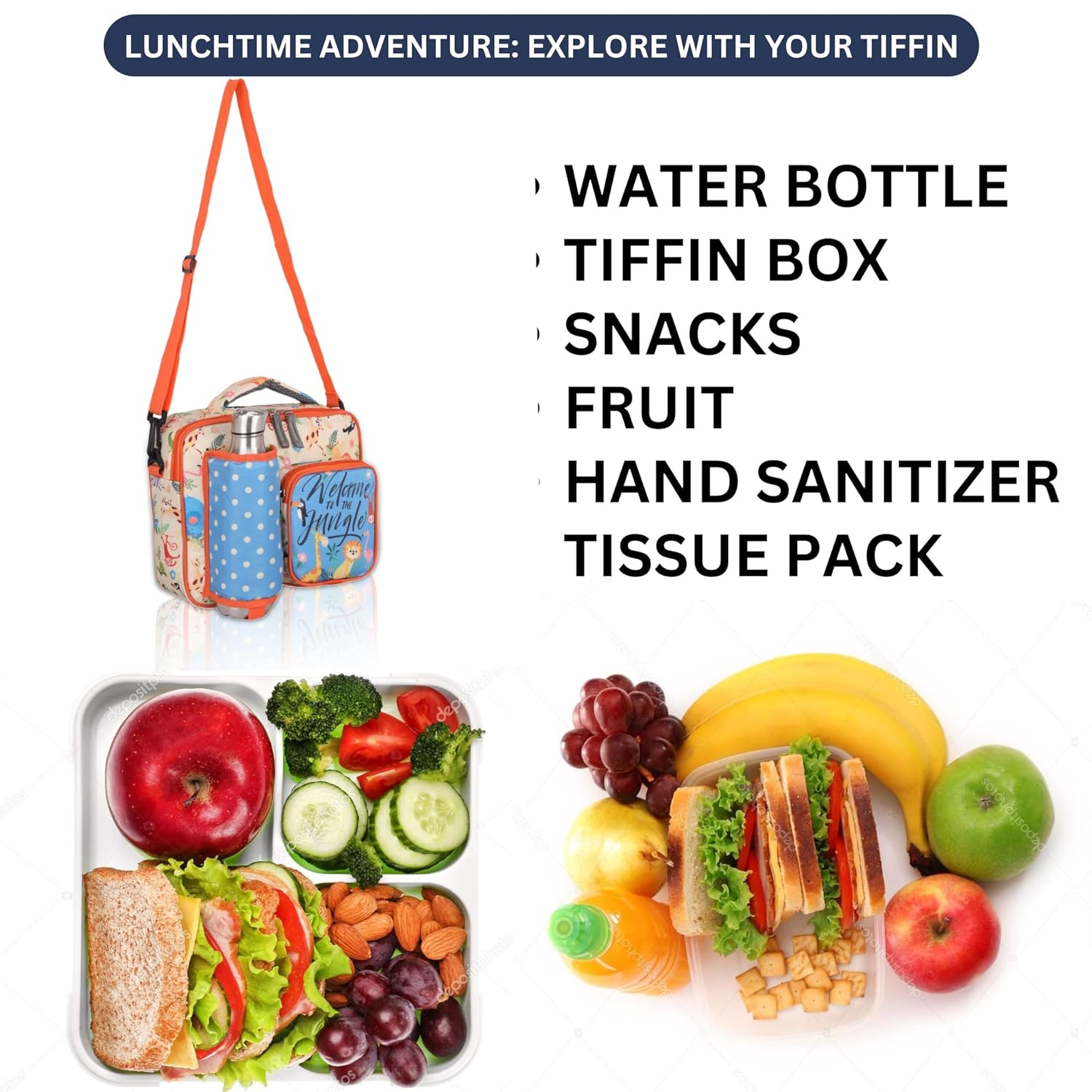 Echo Boomers Bleu Animal Print Insulated Tiffin Lunch Bags for Kids with Multi Zipper Pockets