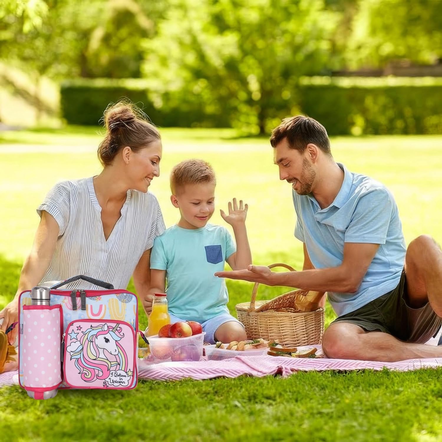 Echo Boomers Unicorn Print Pink Insulated Tiffin Lunch Bags for Kids with Multi Zipper Pockets